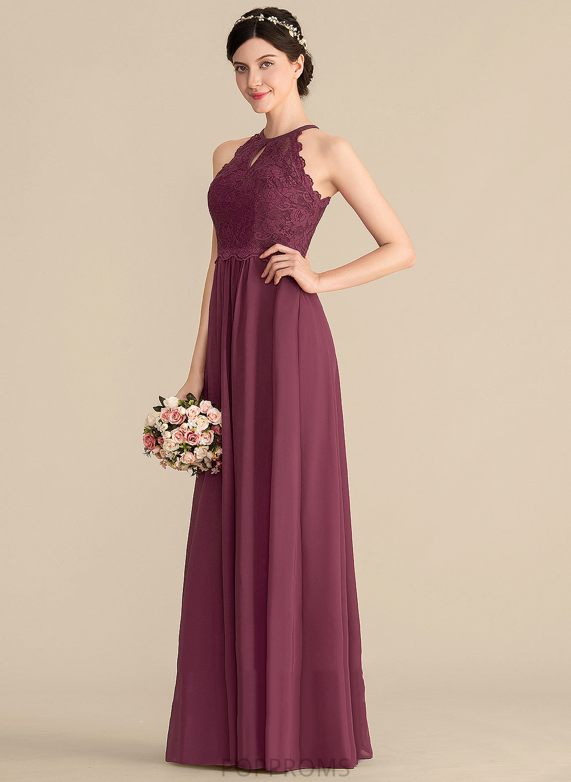 Kinley Lace Scoop Floor-Length Chiffon A-Line Prom Dresses