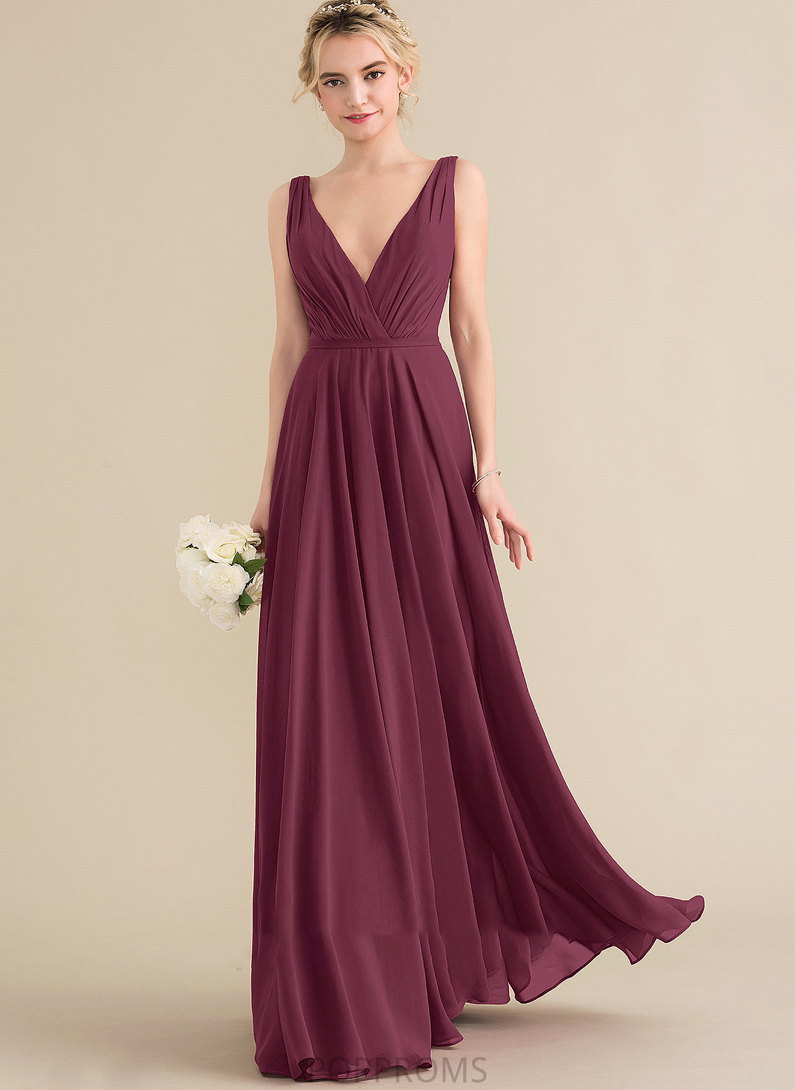 Floor-Length Prom Dresses A-Line Ruffle Madeline With Chiffon V-neck