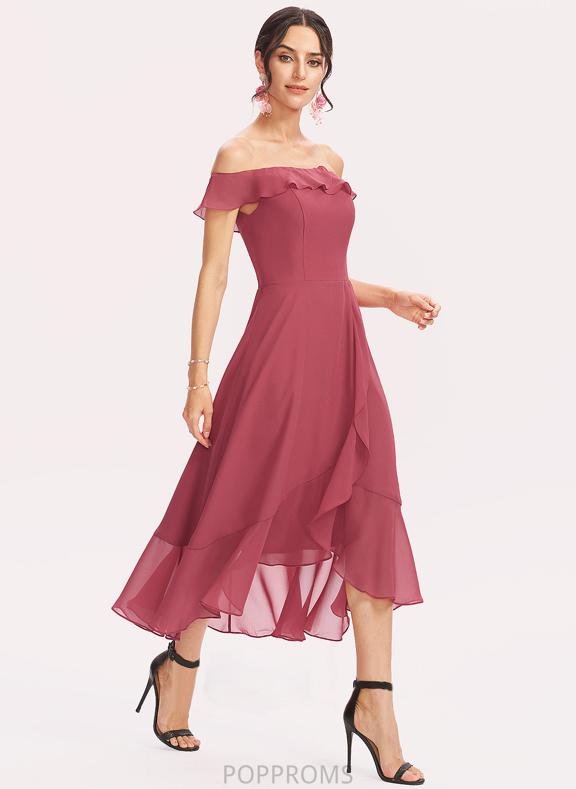 Sherry Chiffon Dress Tea-Length Cascading Off-the-Shoulder Cocktail With Cocktail Dresses Ruffles A-Line