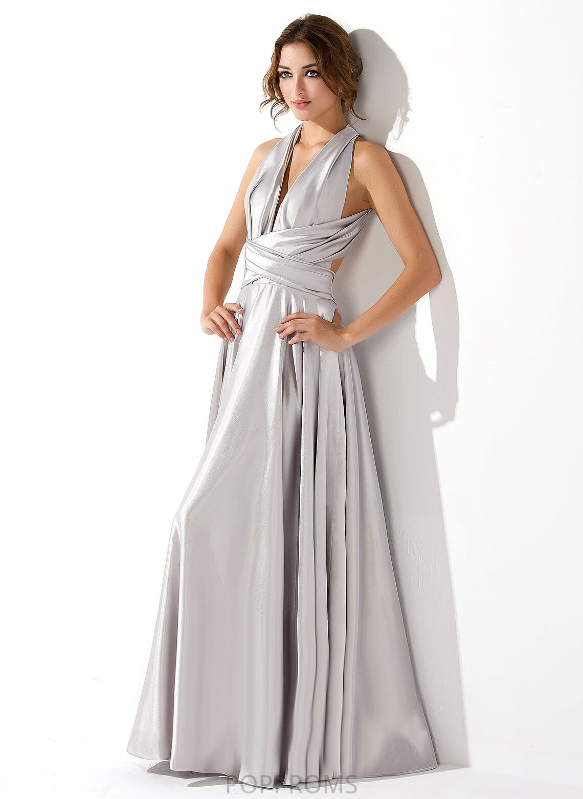 V-neck Pleated Charmeuse A-Line With Prom Dresses Floor-Length Bria