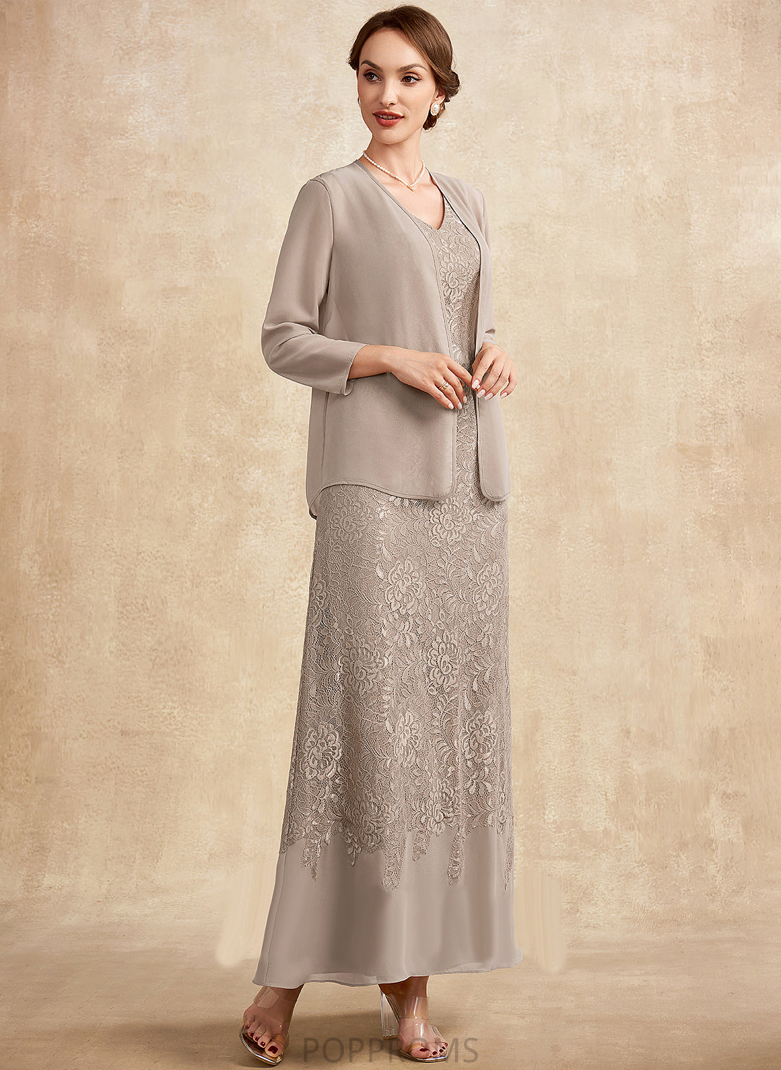 Ankle-Length Chiffon Dress of V-neck Bride Lace Mother of the Bride Dresses Janessa the Mother A-Line