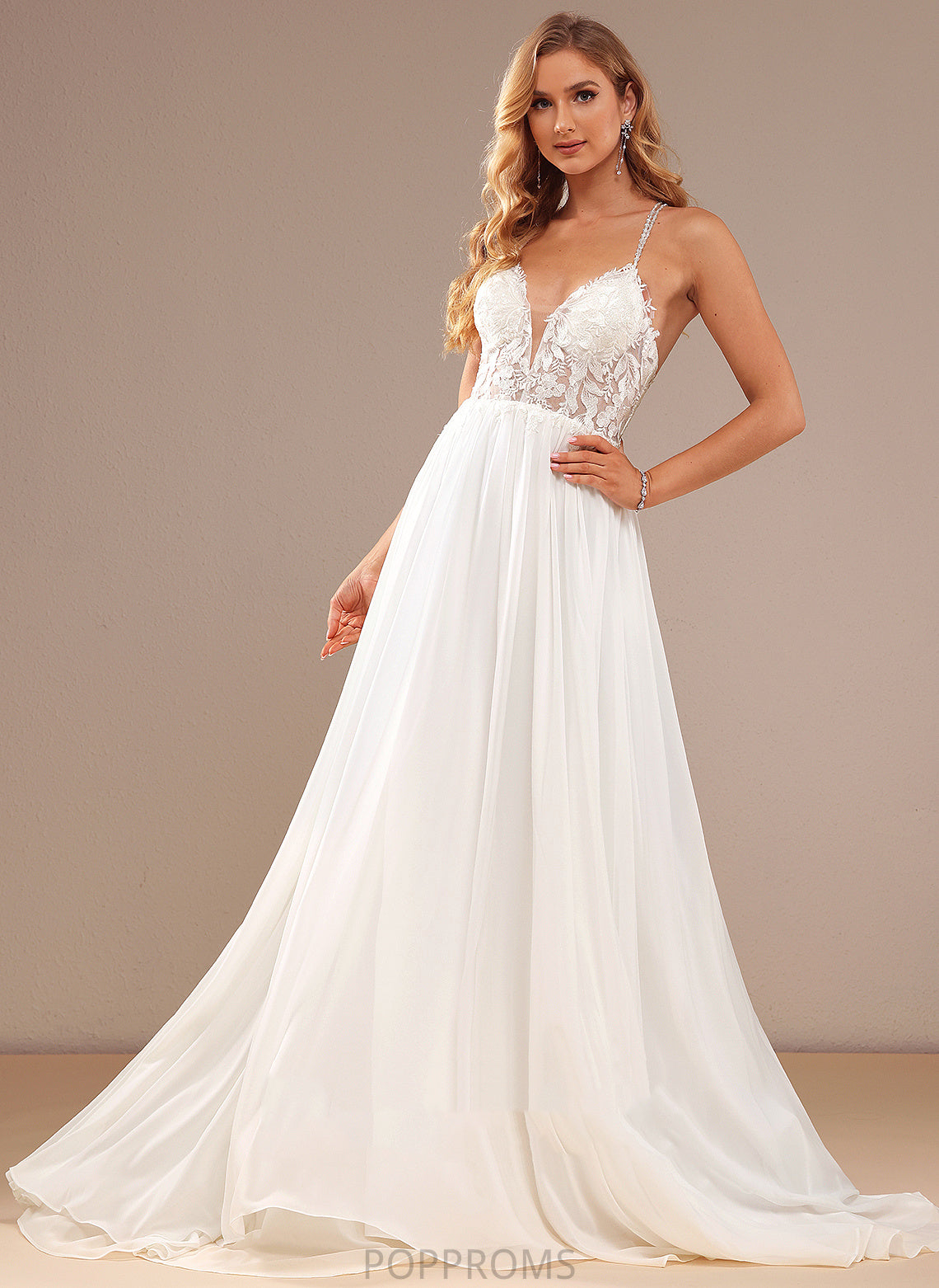 Wedding Dresses Wedding A-Line Dress Lace Train With Beading Camila Sweep Sequins Lace Chiffon V-neck