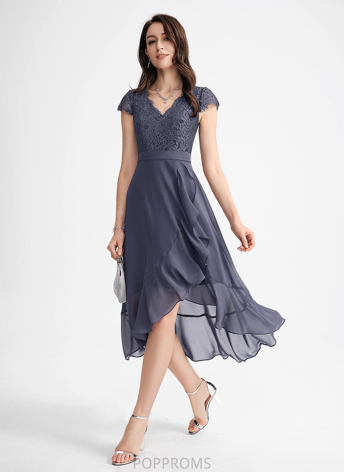 A-Line Ruffles Asymmetrical Cocktail Cocktail Dresses Lace Cascading With Dress Chiffon Louise V-neck