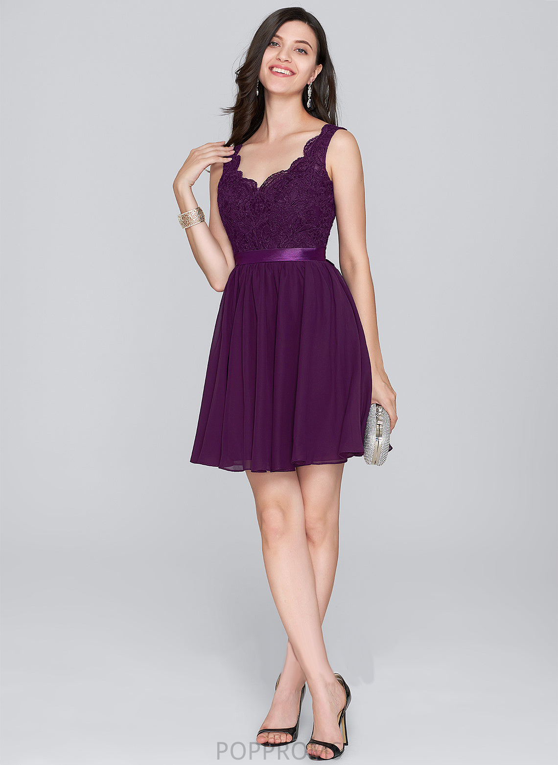 Homecoming Dresses A-Line Sydnee Chiffon V-neck Short/Mini Bow(s) With Lace Dress Homecoming