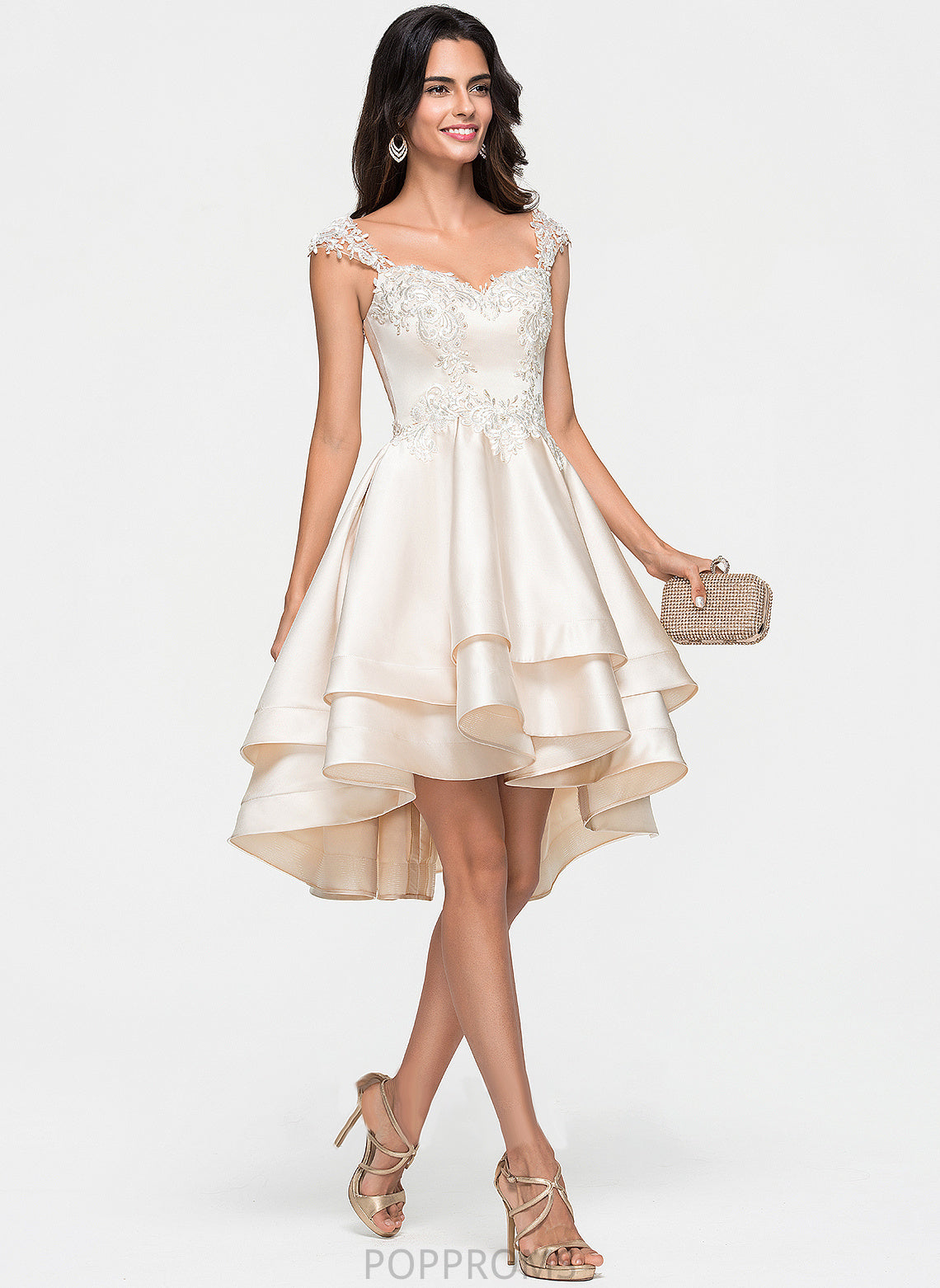 Lace Beading A-Line Satin Ruffles Cascading With Sweetheart Asymmetrical Prom Dresses Marilyn