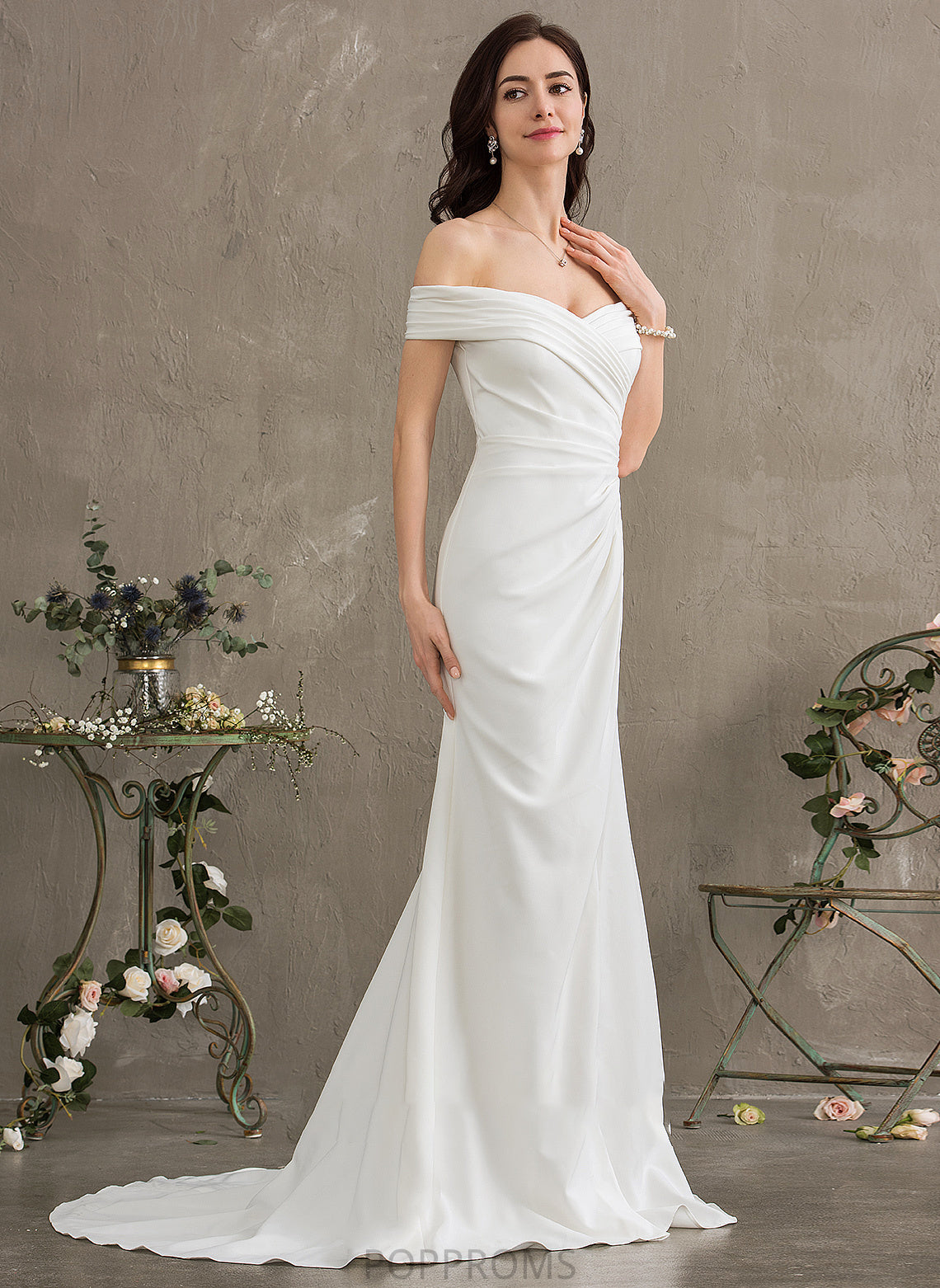 Wedding Dresses Train Front Stretch Split With Ruffle Sheath/Column Wedding Crepe Sweep Dress Abbie Off-the-Shoulder