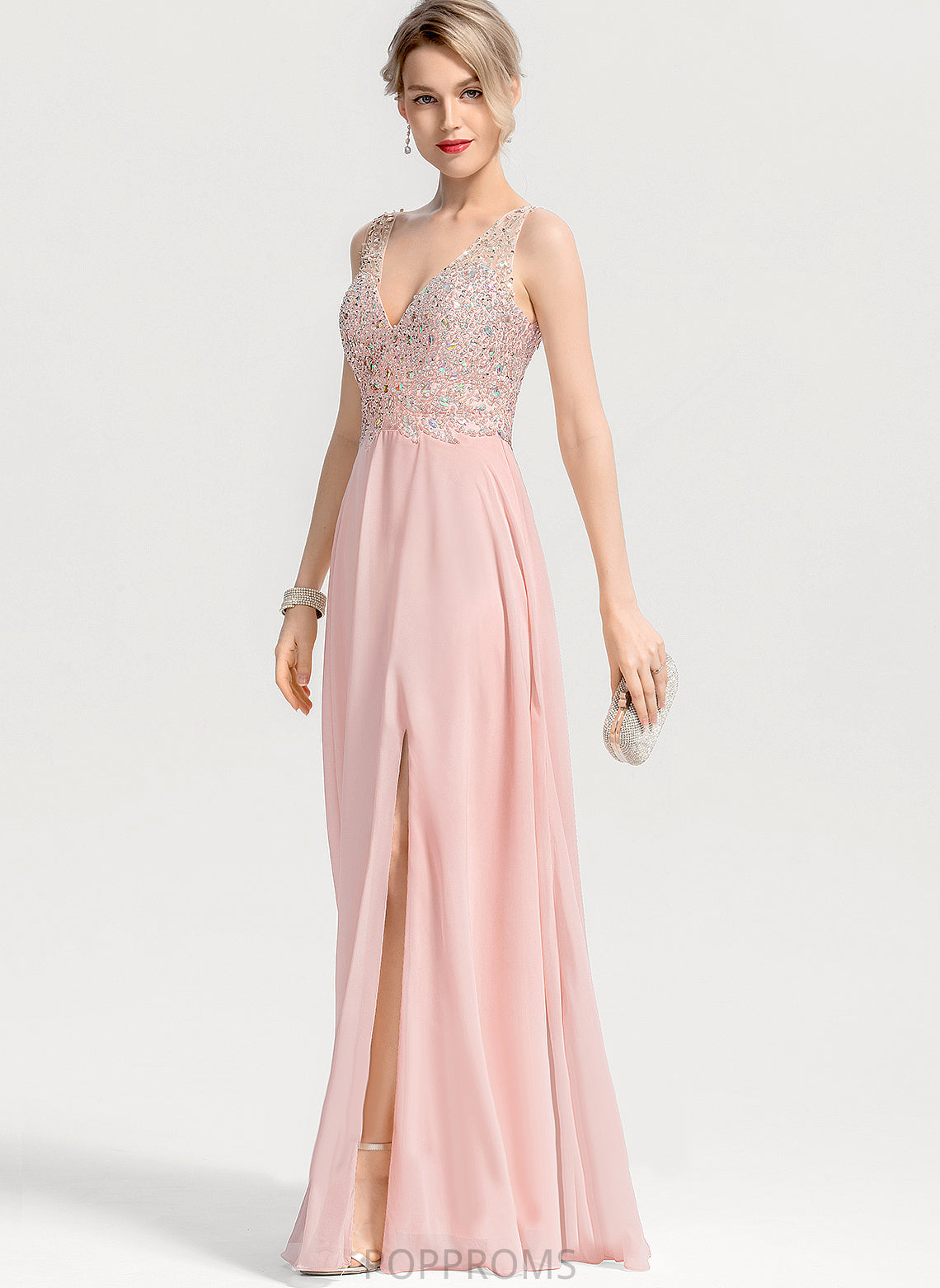 With Prom Dresses Floor-Length Gertie Sequins A-Line Chiffon V-neck Beading