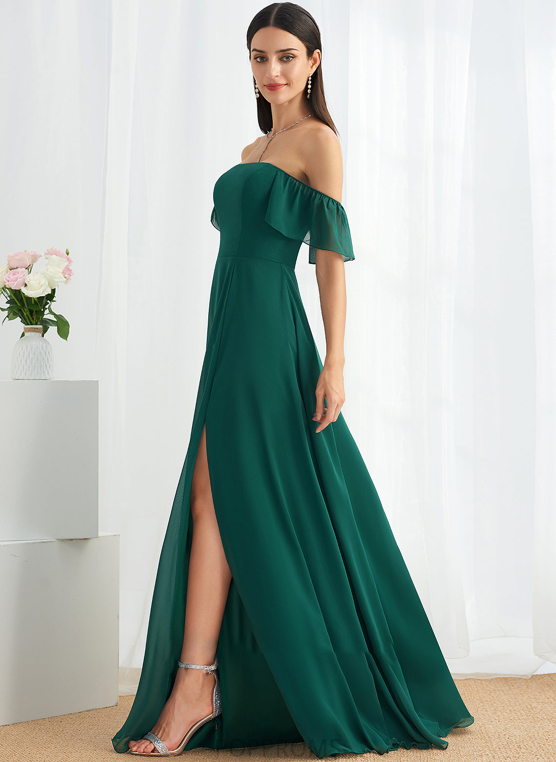 A-Line SplitFront Silhouette Floor-Length Length Off-the-Shoulder Fabric Neckline Embellishment Regan A-Line/Princess Natural Waist Bridesmaid Dresses