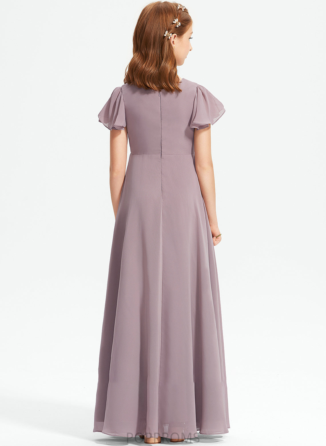 V-neck With Floor-Length Ruffle Junior Bridesmaid Dresses Chiffon A-Line Jaliyah