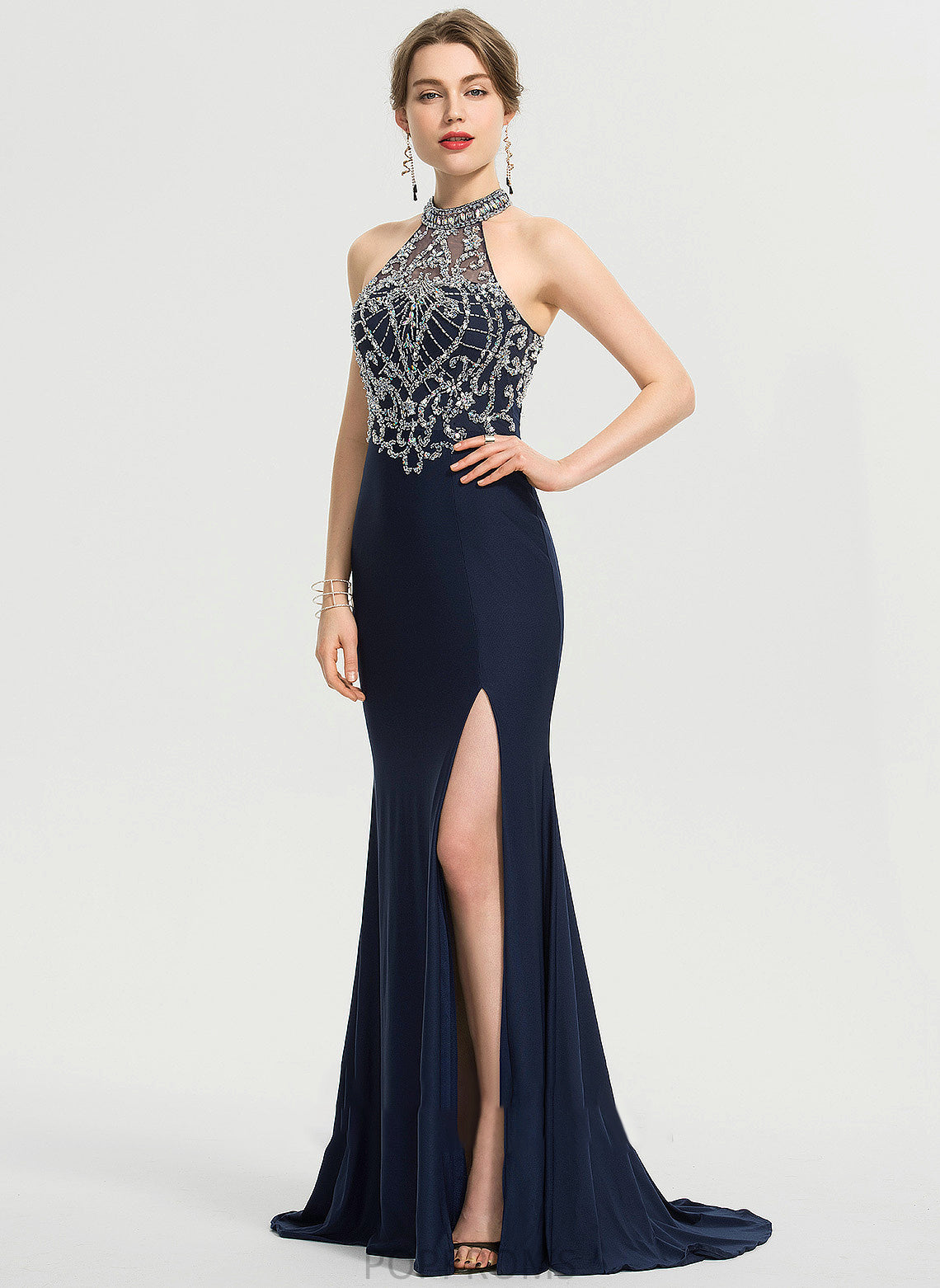 With Jersey Sheath/Column Scoop Neck Split Sequins Tara Train Sweep Prom Dresses Beading Front