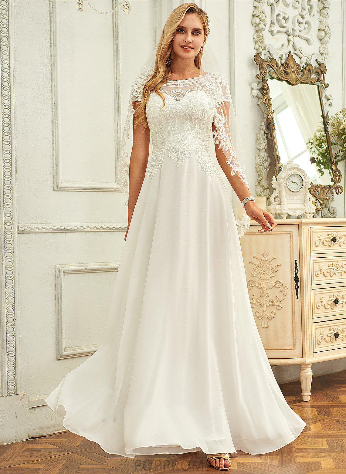 With Lauren Neck Sequins Dress Wedding Dresses A-Line Lace Wedding Chiffon Scoop Floor-Length