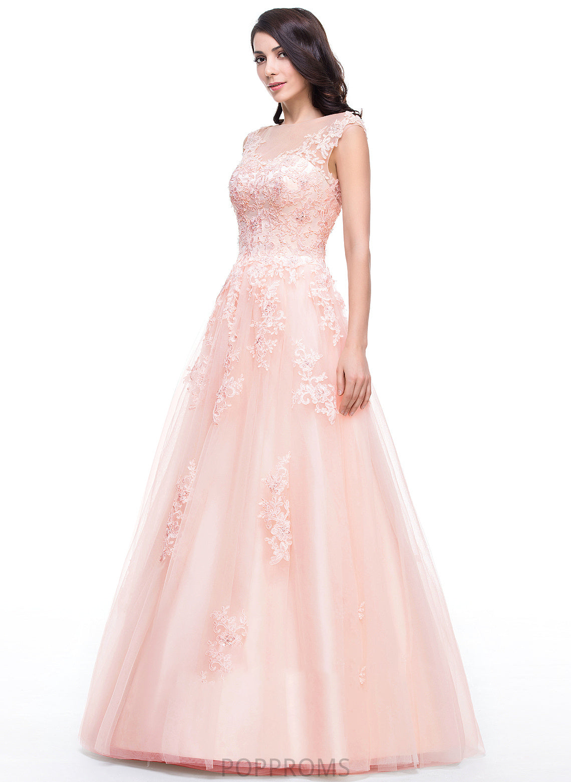 Ball-Gown/Princess Lace Prom Dresses Appliques Sequins Floor-Length Neck Beading Alma With Tulle Scoop