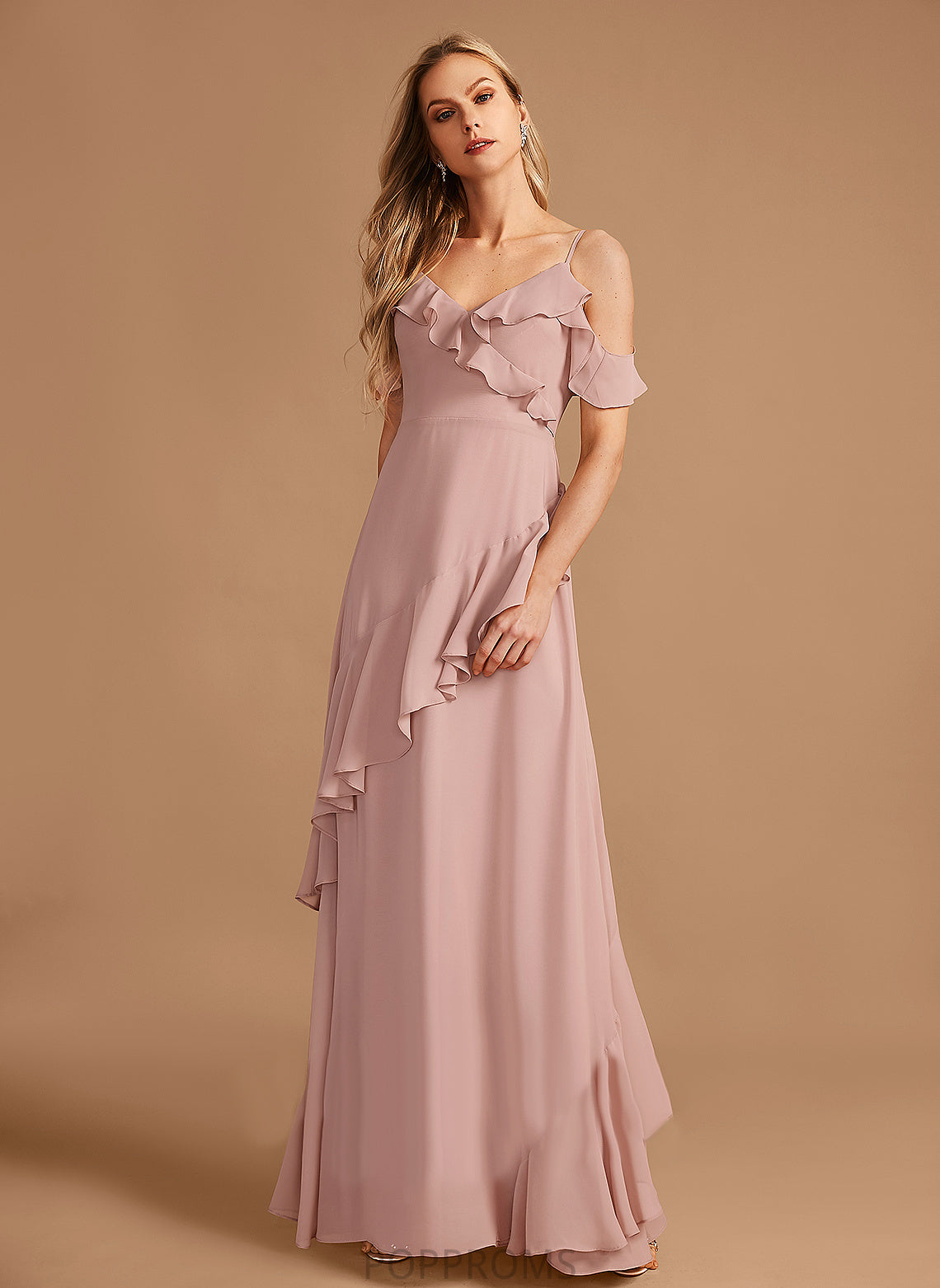 Floor-Length Ruffle Silhouette Length A-Line Embellishment Neckline Fabric V-neck Melody V-Neck Natural Waist Bridesmaid Dresses