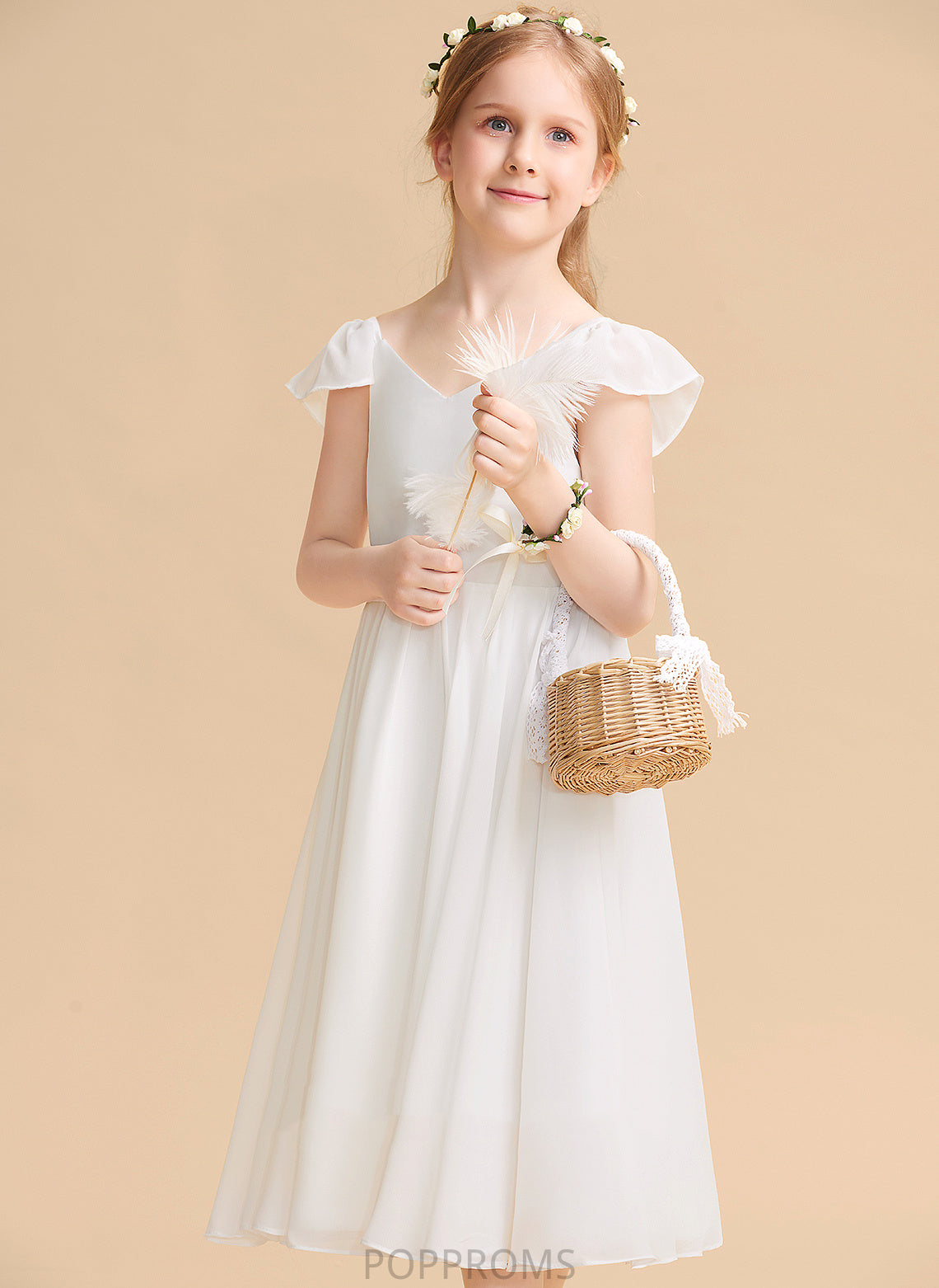 Flower Girl Dresses Sleeveless Chiffon/Satin Tea-length Dress Girl Flower - A-Line V-neck Madilyn