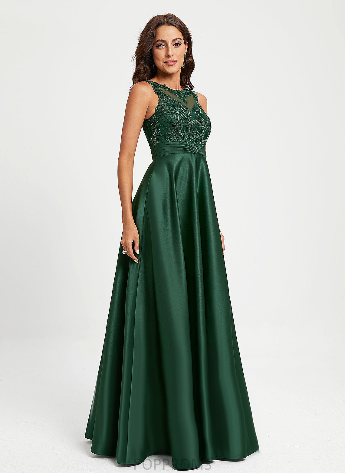 Scoop Lace With Polly Satin Floor-Length Sequins Prom Dresses Ball-Gown/Princess