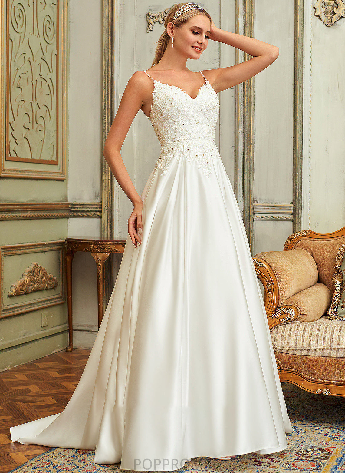 Wedding Sweep Dress Satin Ball-Gown/Princess Amirah Sequins With Lace Beading V-neck Pockets Train Lace Wedding Dresses