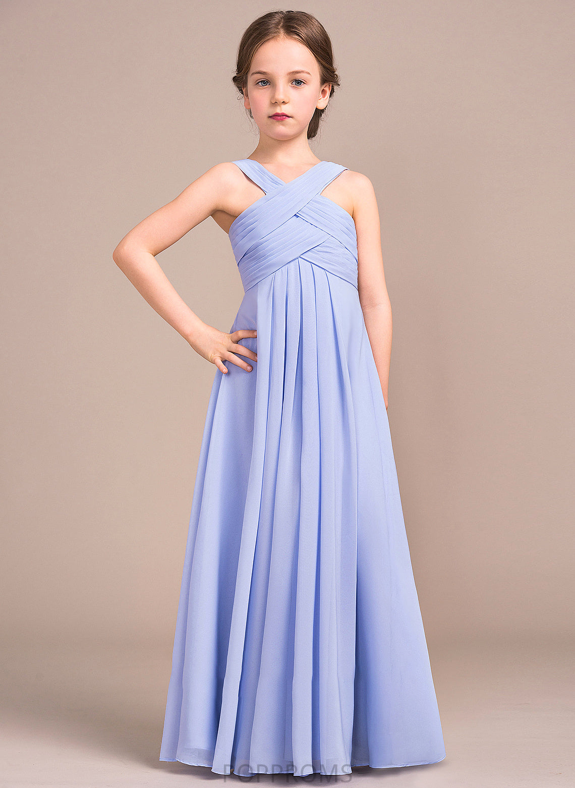 With A-Line Junior Bridesmaid Dresses Chiffon Floor-Length Roselyn Ruffle V-neck