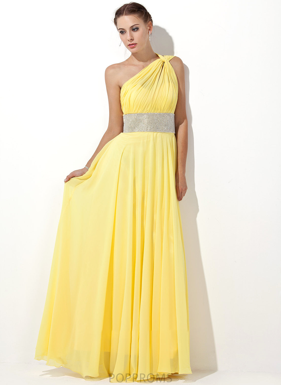 With A-Line Floor-Length One-Shoulder Sara Beading Chiffon Ruffle Prom Dresses