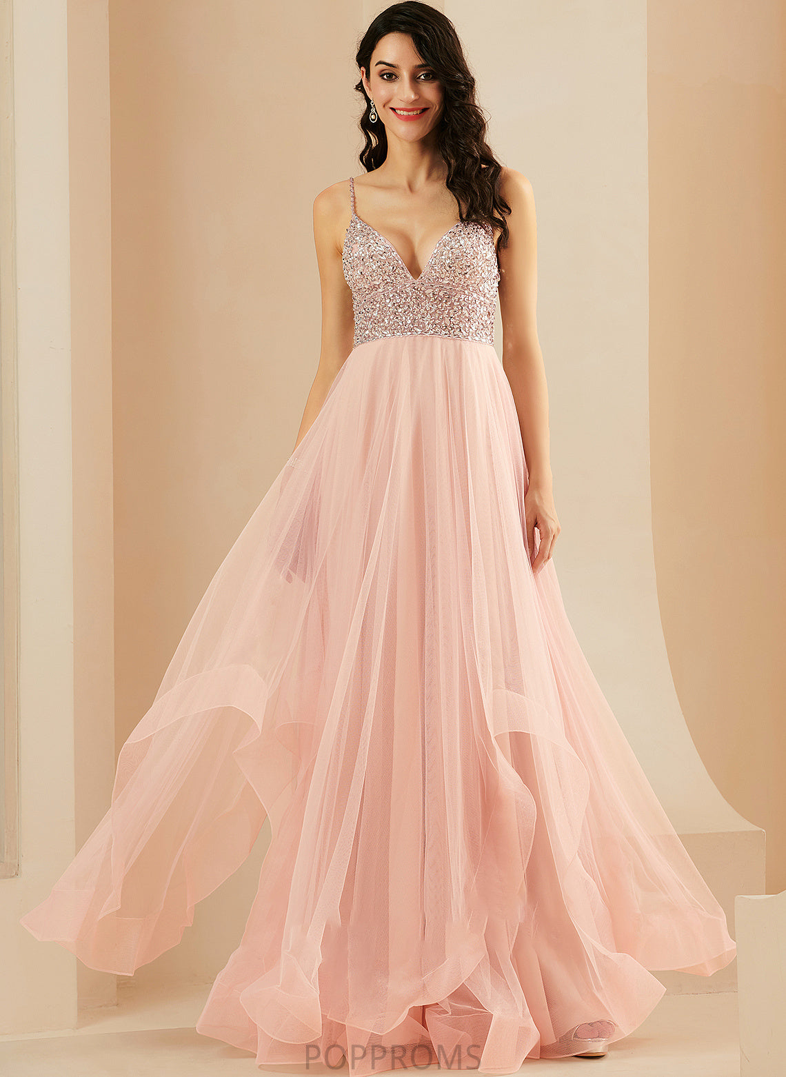 V-neck Erika Tulle A-Line With Floor-Length Prom Dresses Sequins Beading