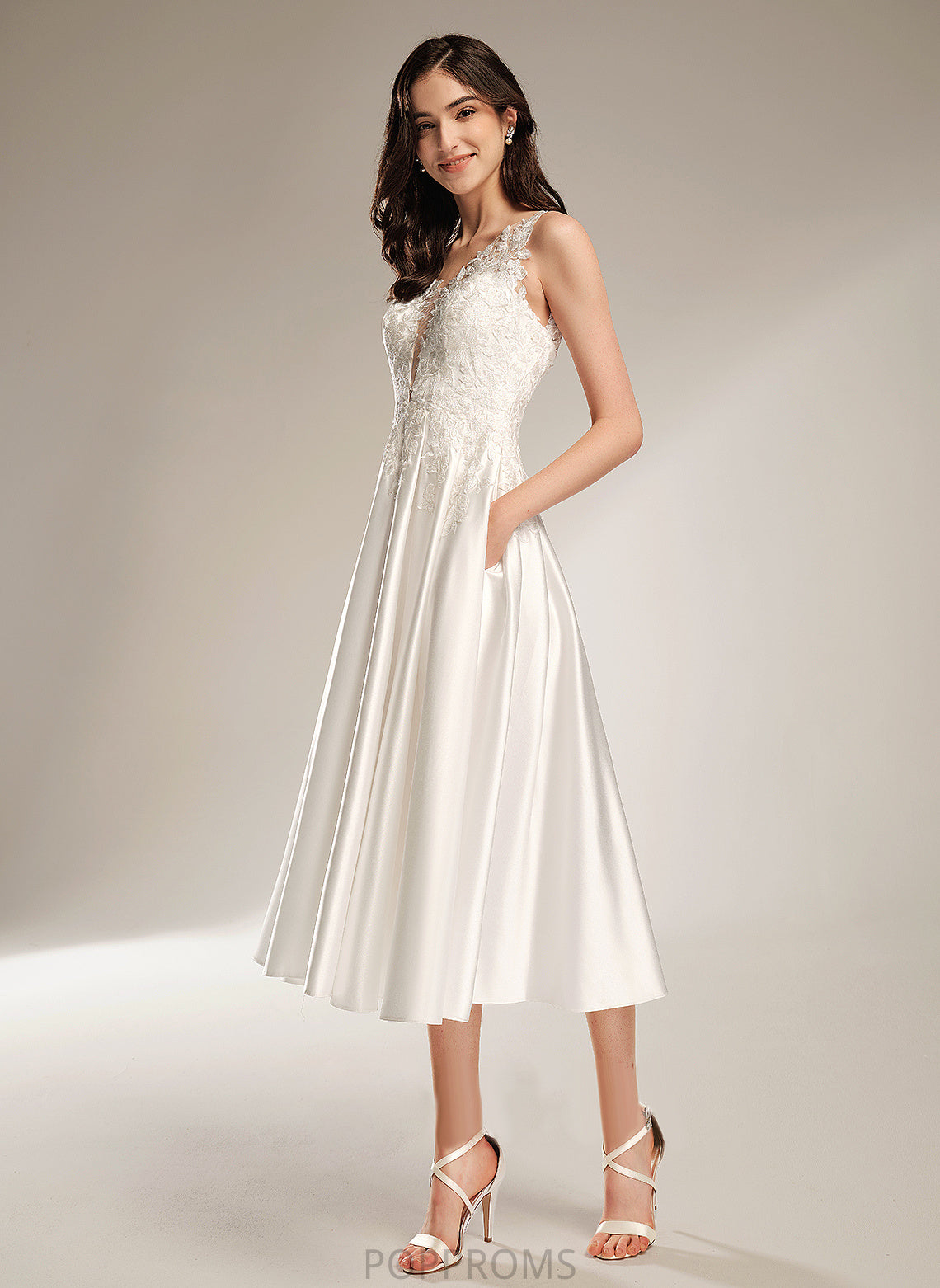 Dress V-neck Alma Lace Satin A-Line Wedding Tea-Length Wedding Dresses