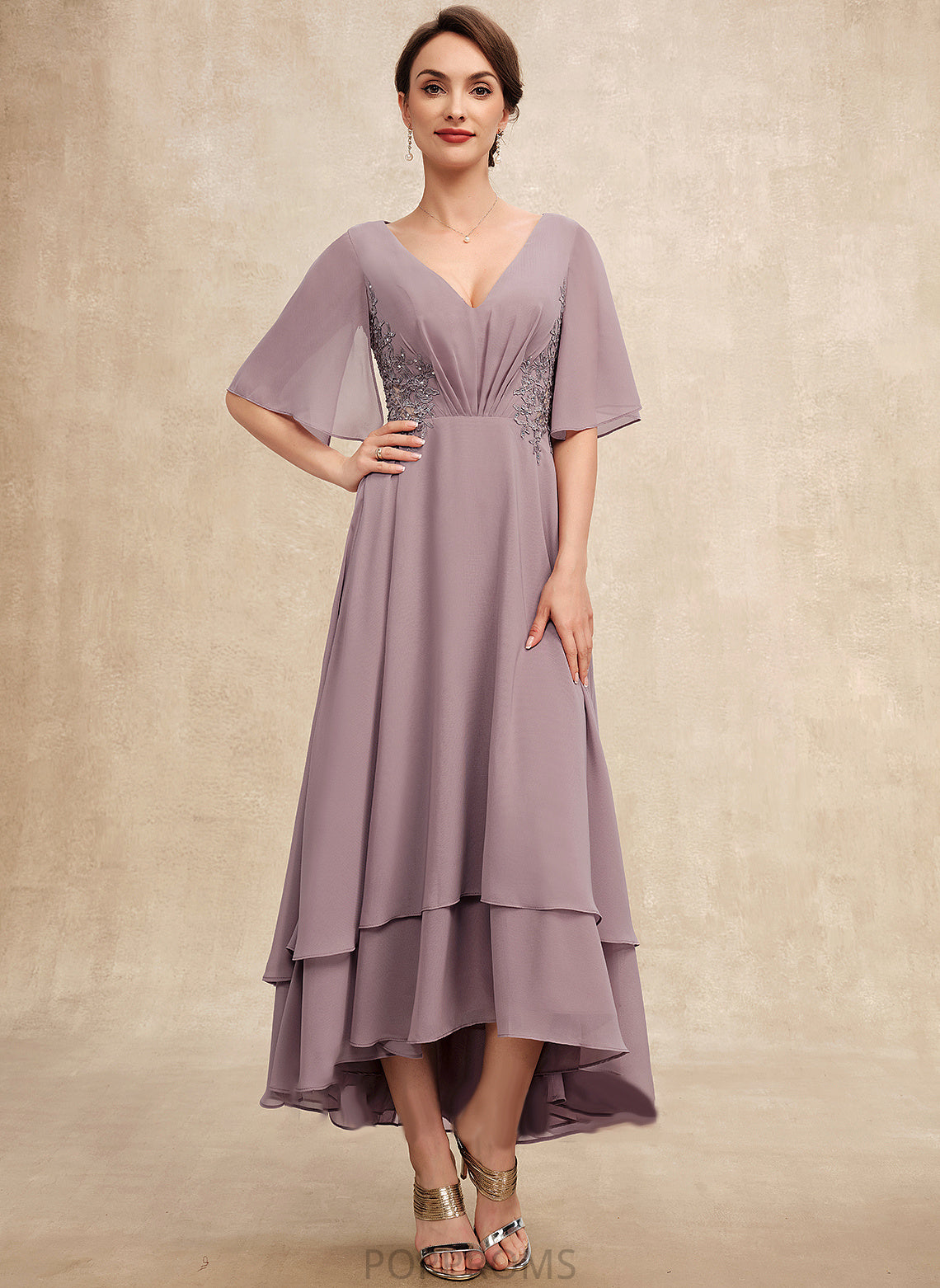 Ruffle the Asymmetrical Bride Chiffon Jasmin A-Line Mother Dress Lace Beading With Mother of the Bride Dresses of V-neck