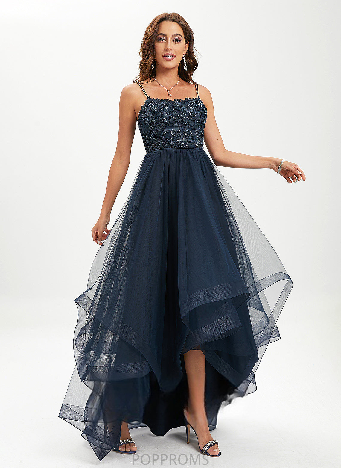 With Martha Ball-Gown/Princess Asymmetrical Lace Scoop Prom Dresses Sequins