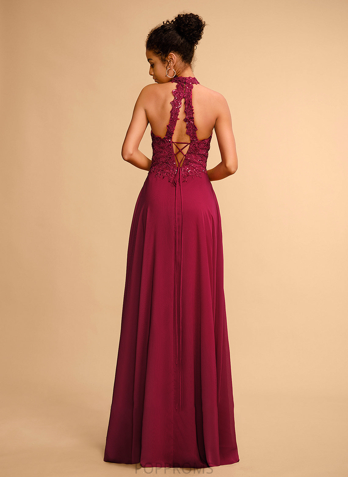 Chiffon Halter With Lace A-Line Floor-Length Prom Dresses Liz Sequins