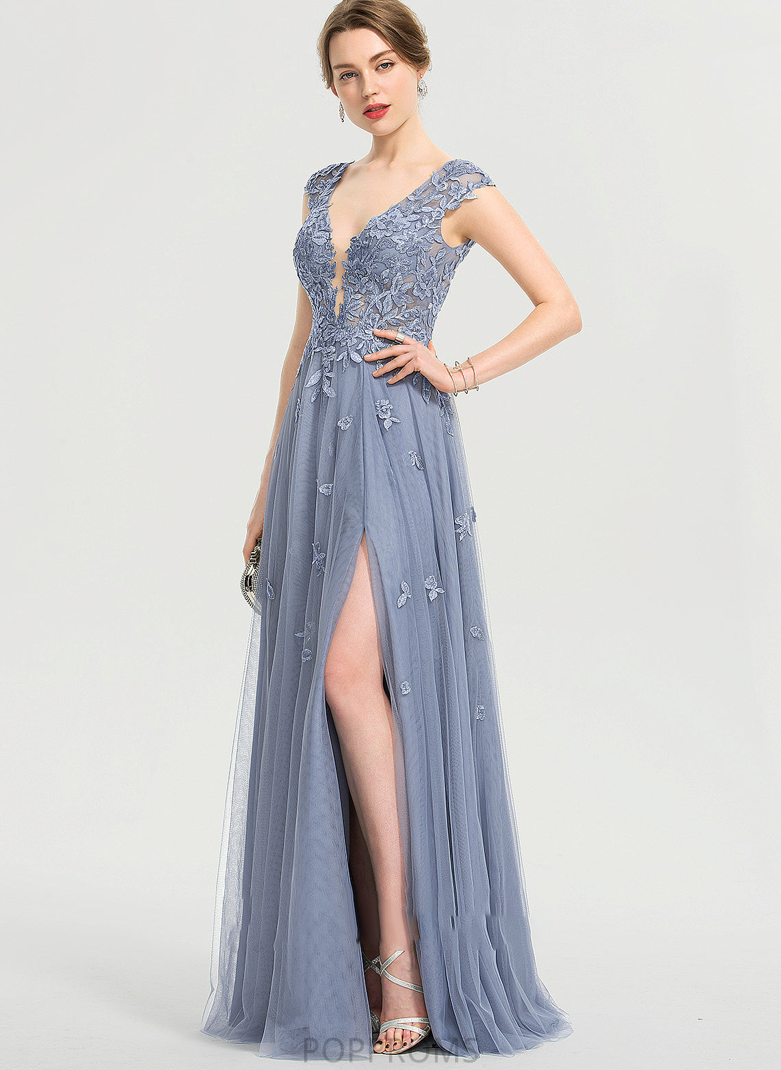 V-neck Suzanne With Floor-Length A-Line Tulle Front Sequins Prom Dresses Split