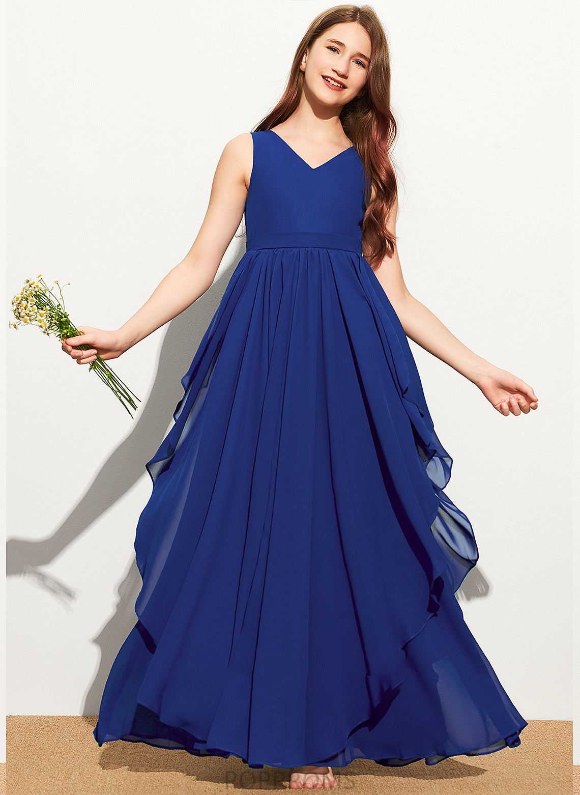 V-neck A-Line Cascading Floor-Length Chiffon Junior Bridesmaid Dresses Ruffles Rebekah With