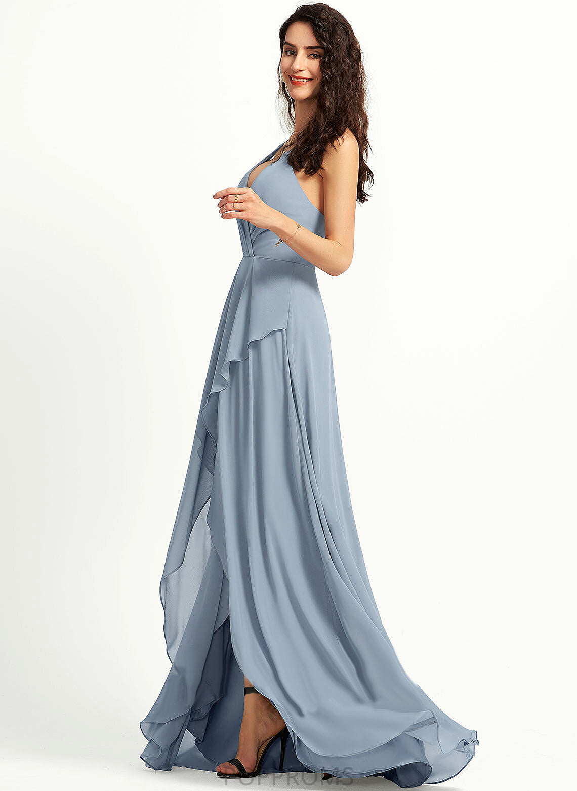 Neckline Length Asymmetrical A-Line Silhouette V-neck Straps Fabric Mareli Sleeveless Natural Waist Floor Length Bridesmaid Dresses