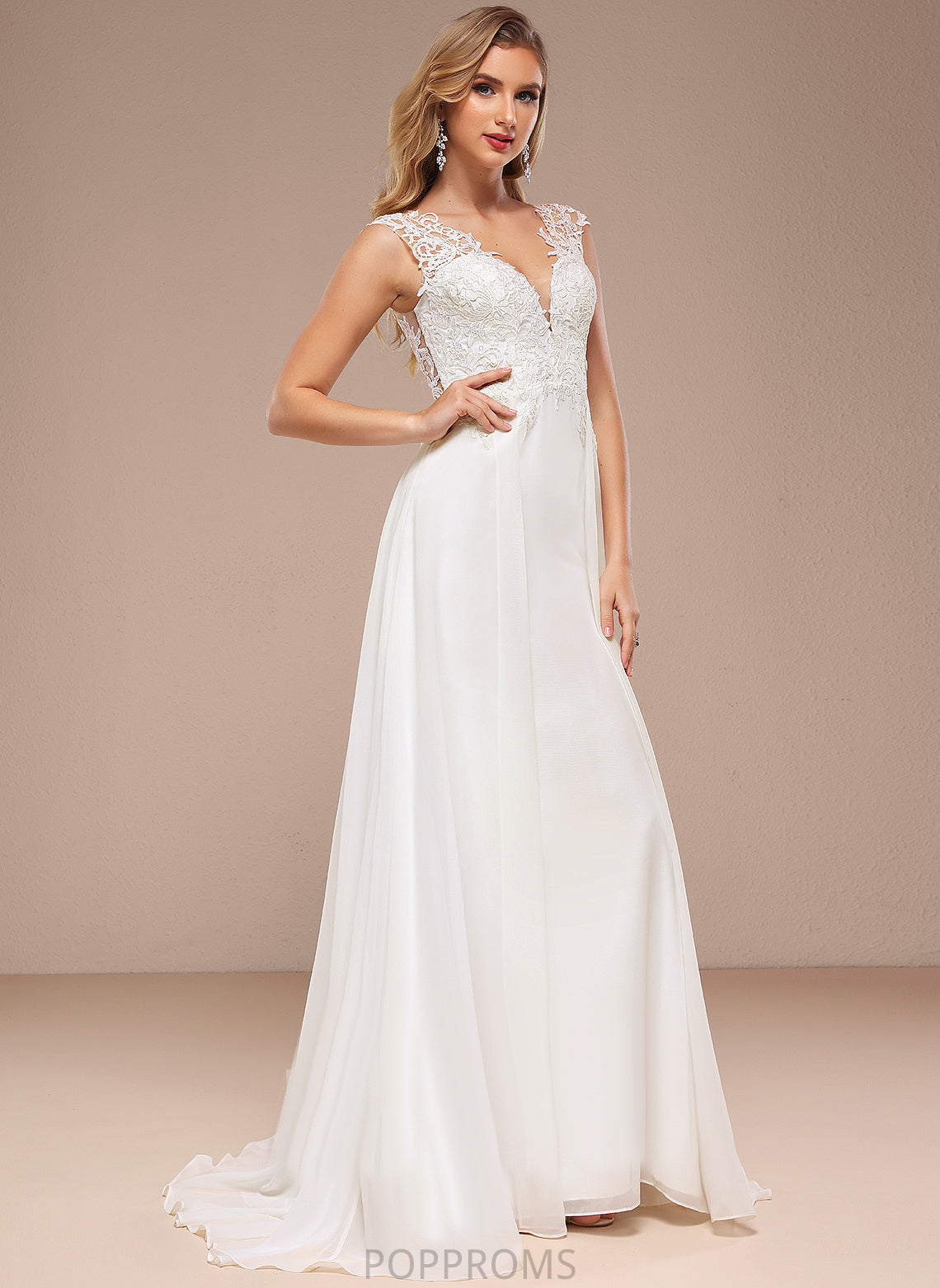 Selina Dress Sweep A-Line Lace V-neck Wedding Train Wedding Dresses Chiffon