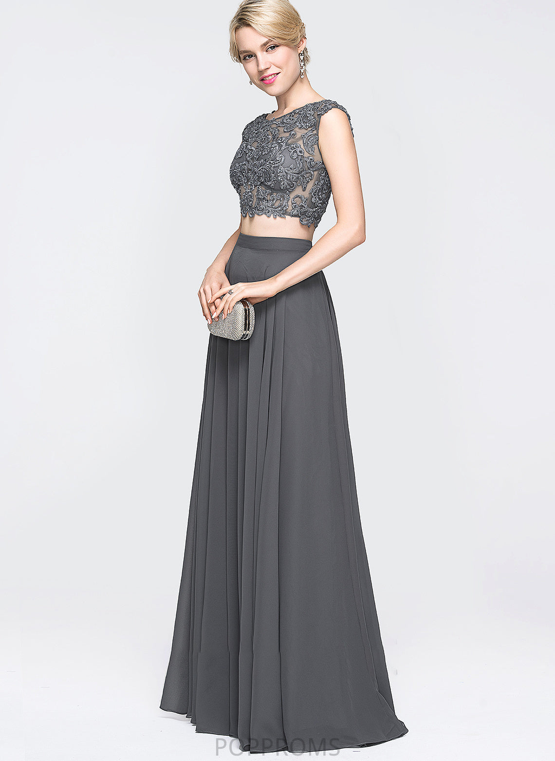 Jaelynn Chiffon Beading A-Line Floor-Length With Sequins Prom Dresses Neck Scoop