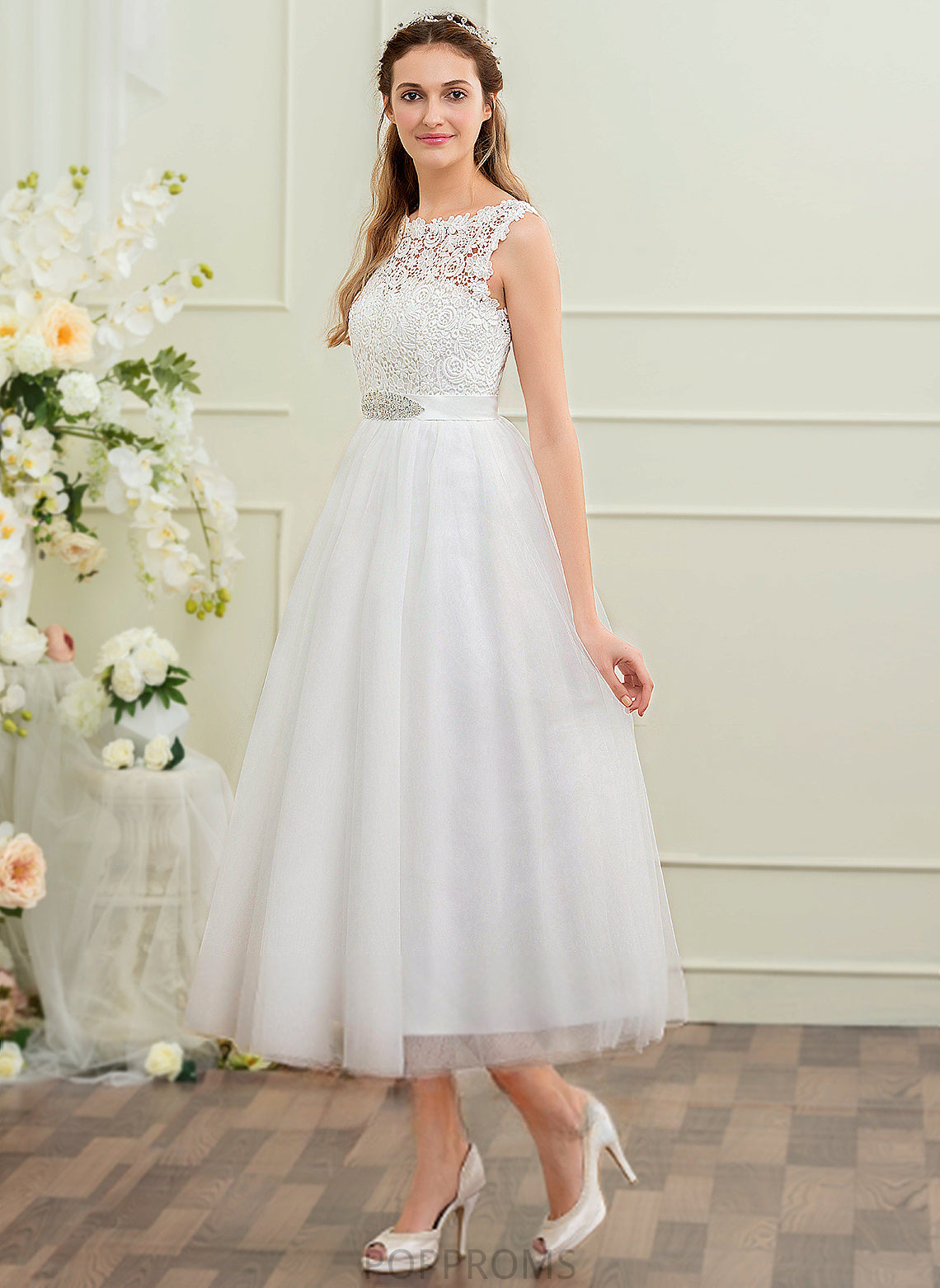 Ball-Gown/Princess Beading Sequins Tulle Wedding Lace Dress Alia Tea-Length Satin With Wedding Dresses