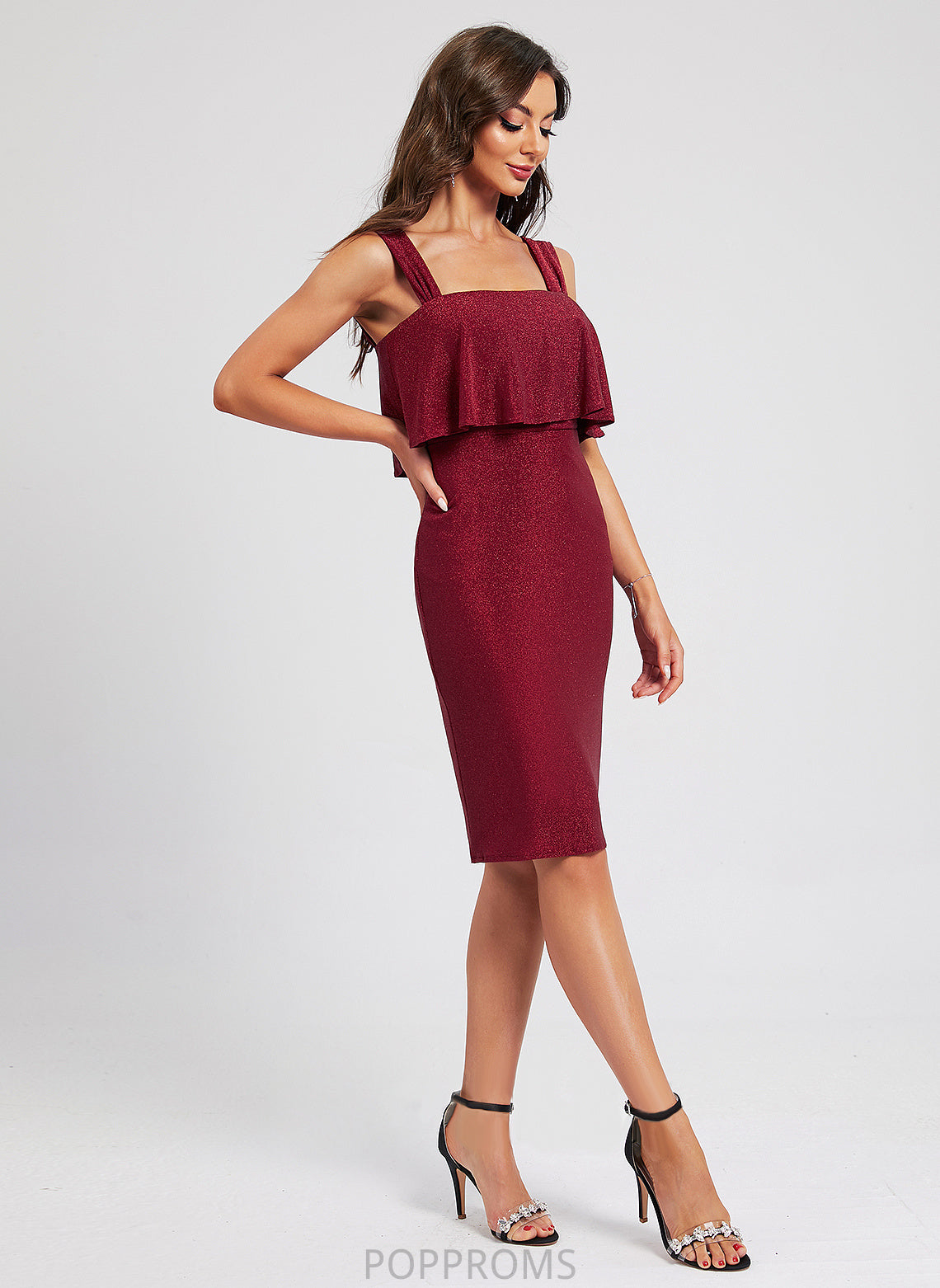 Square Ruffle Polyester Neckline Cocktail Dresses Dress Sheath/Column Knee-Length Kaylen Cocktail With