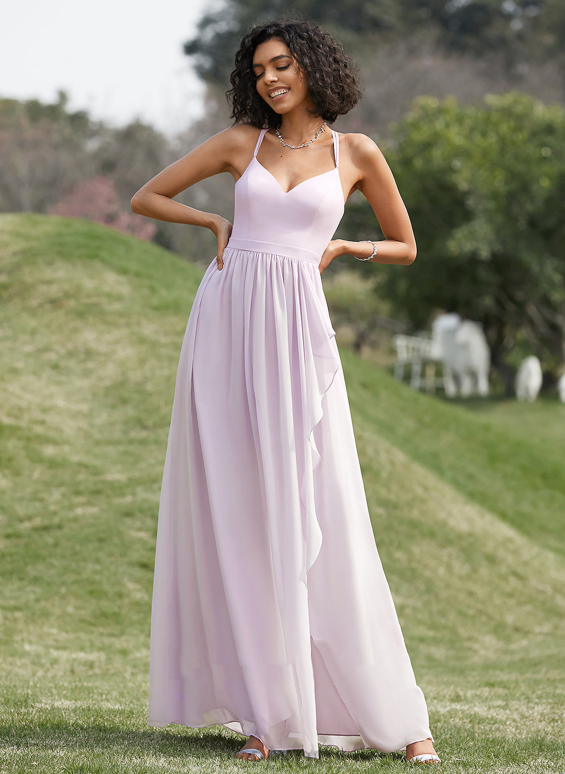 Embellishment A-Line SplitFront Ruffle Neckline Silhouette Asymmetrical Fabric V-neck Length Marian Floor Length Bridesmaid Dresses