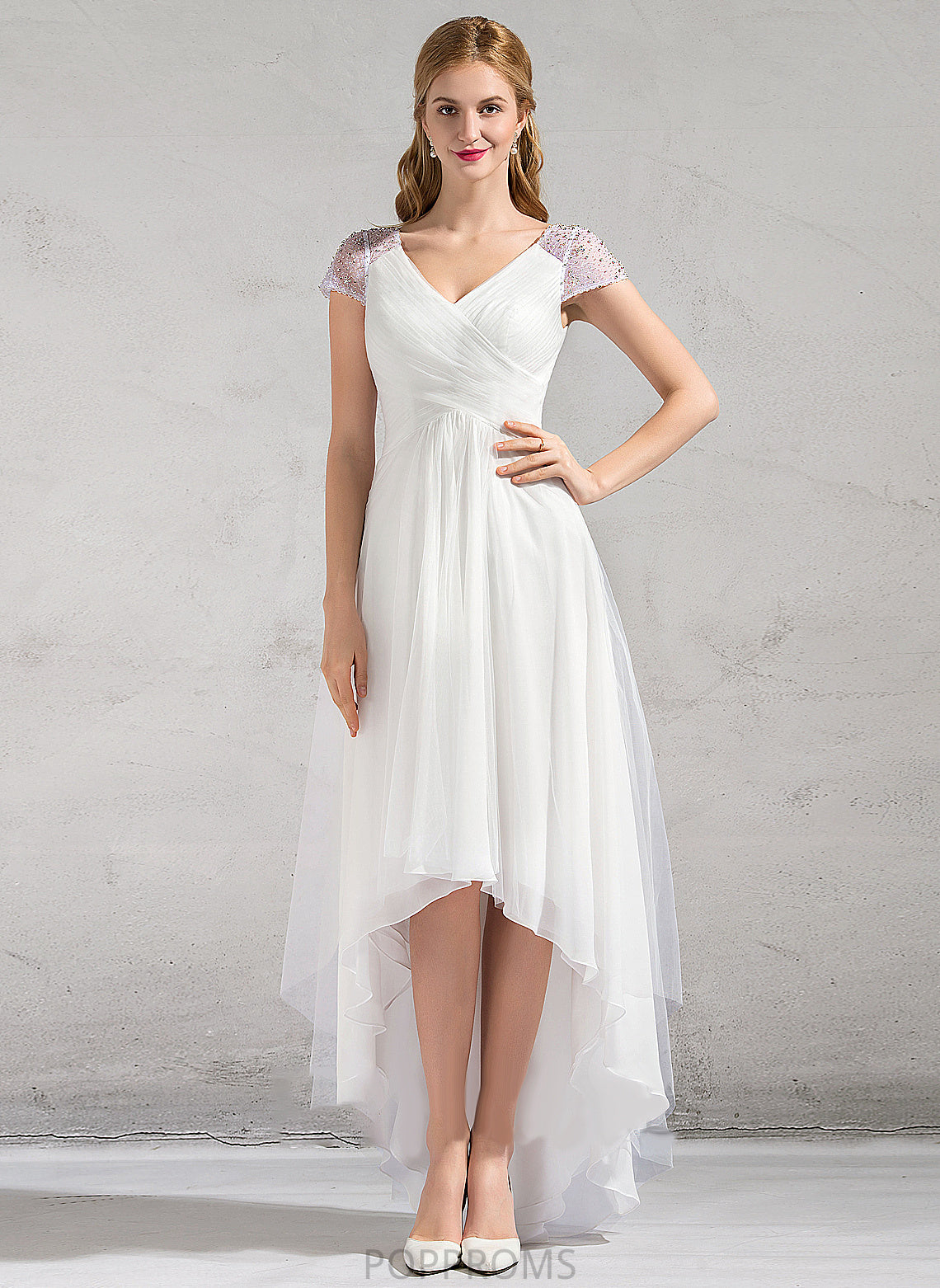 With Beading Sequins Wedding Dresses Dress A-Line Ruffle Wedding V-neck Asymmetrical Tulle Anastasia