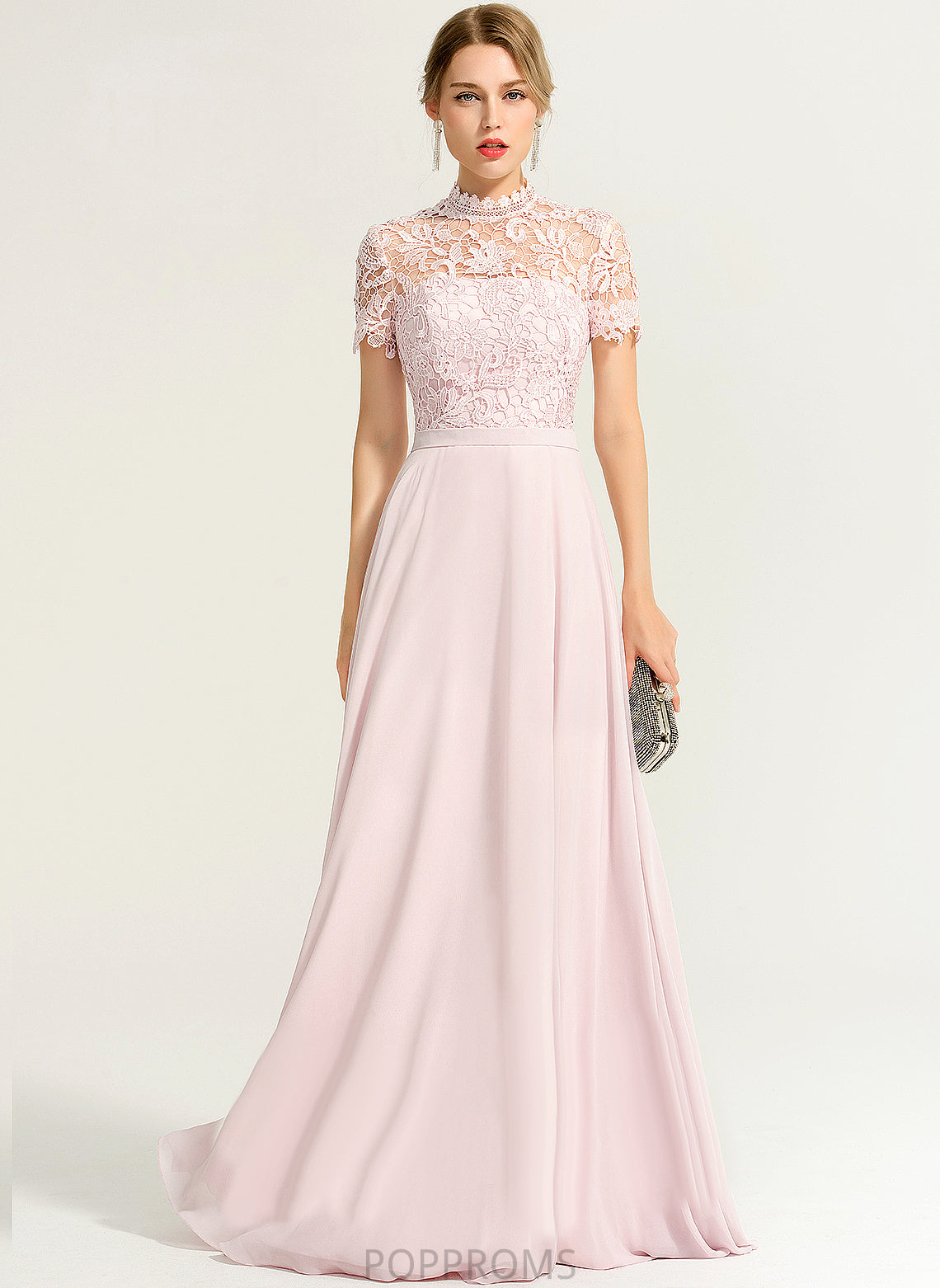 Floor-Length Nola Chiffon A-Line High With Lace Neck Sequins Prom Dresses