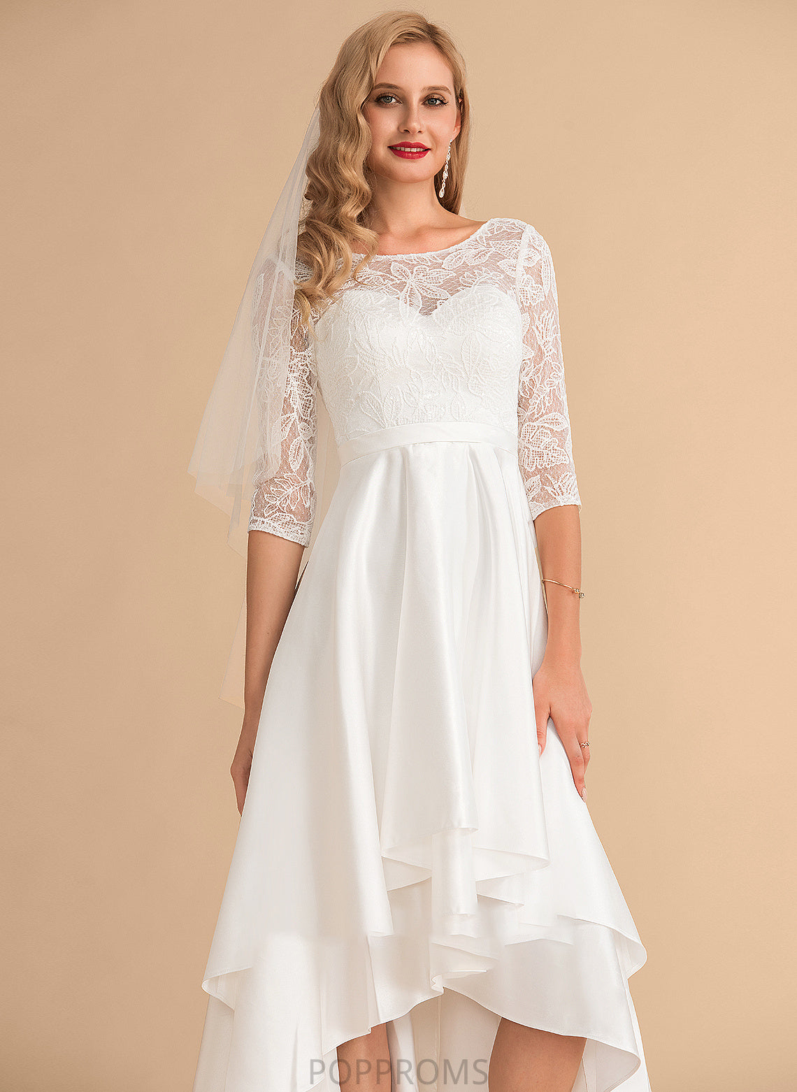 Faith Satin Dress Wedding Dresses Asymmetrical Scoop Lace A-Line Neck Wedding