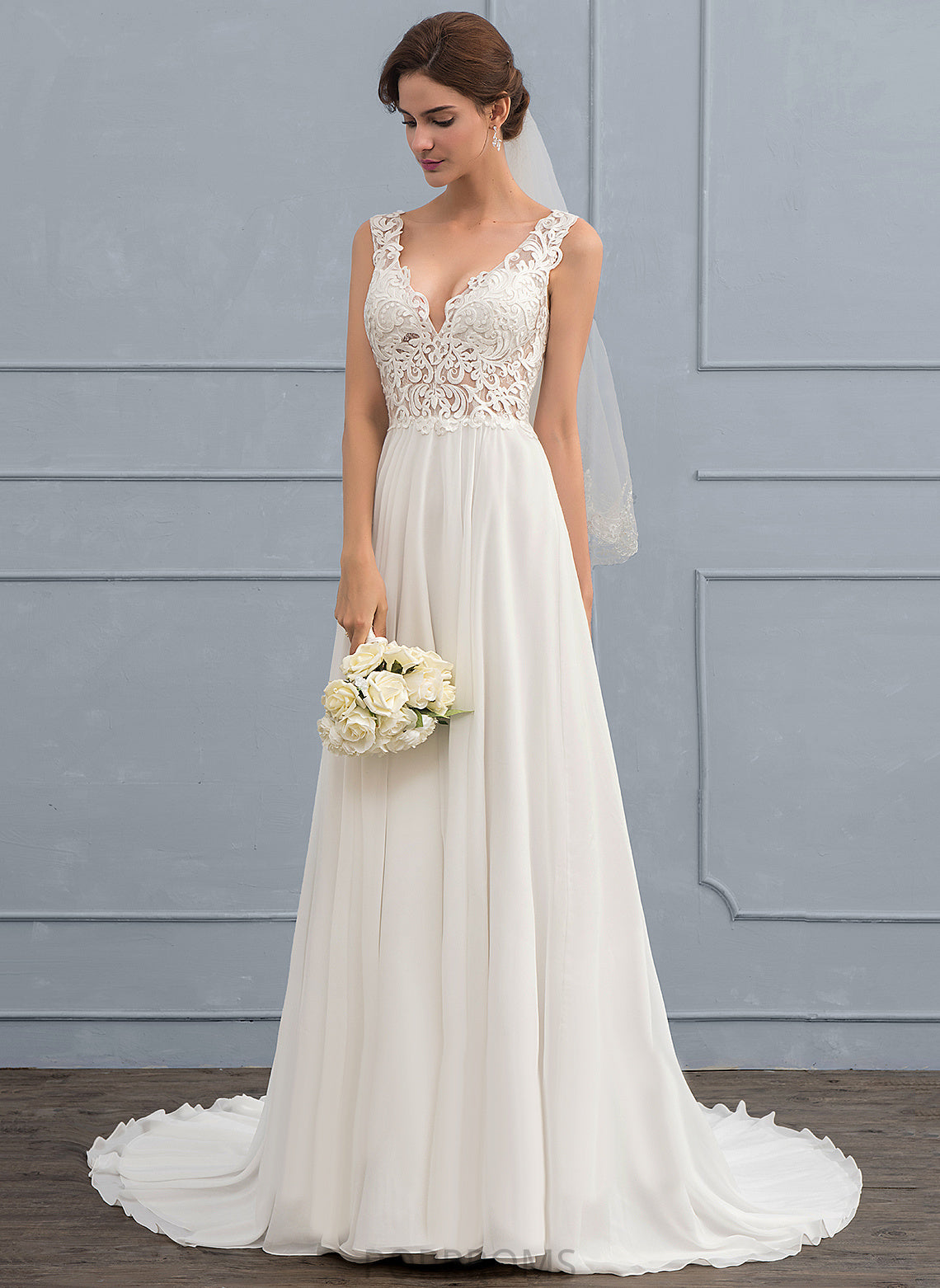 V-neck Dress Chiffon Marianna Wedding Court Train Wedding Dresses A-Line Lace