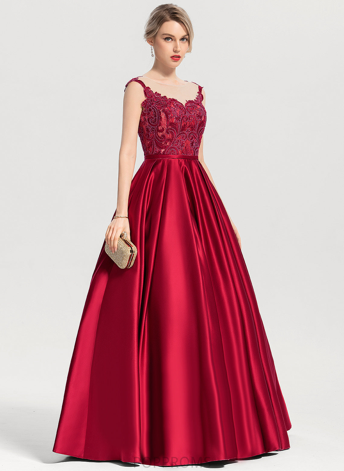 With Scoop LuLu Floor-Length Sequins Satin Lace Prom Dresses Ball-Gown/Princess