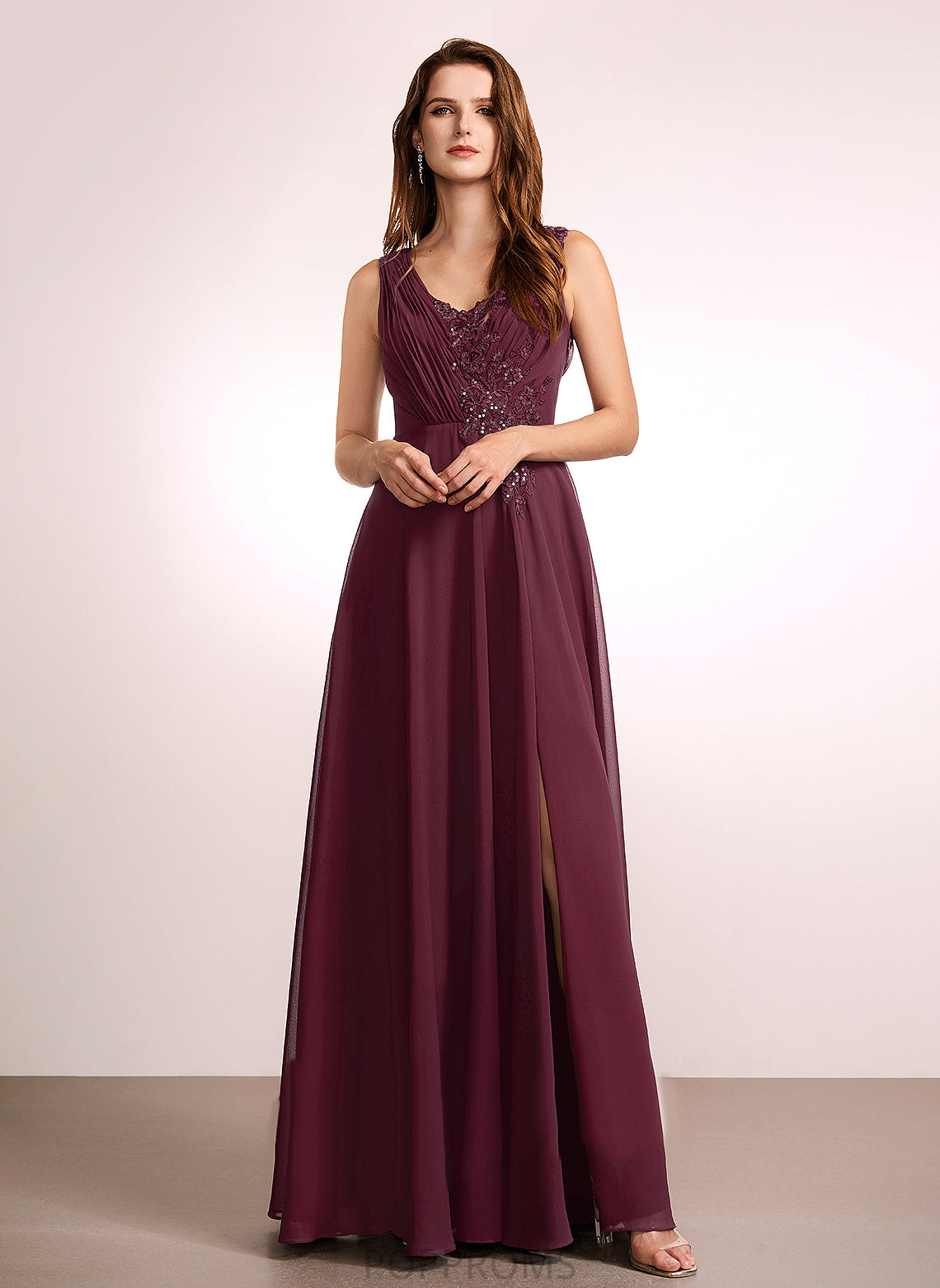 Silhouette V-neck A-Line Floor-Length Length Embellishment Fabric Neckline Lace Lorena Sleeveless Floor Length Bridesmaid Dresses