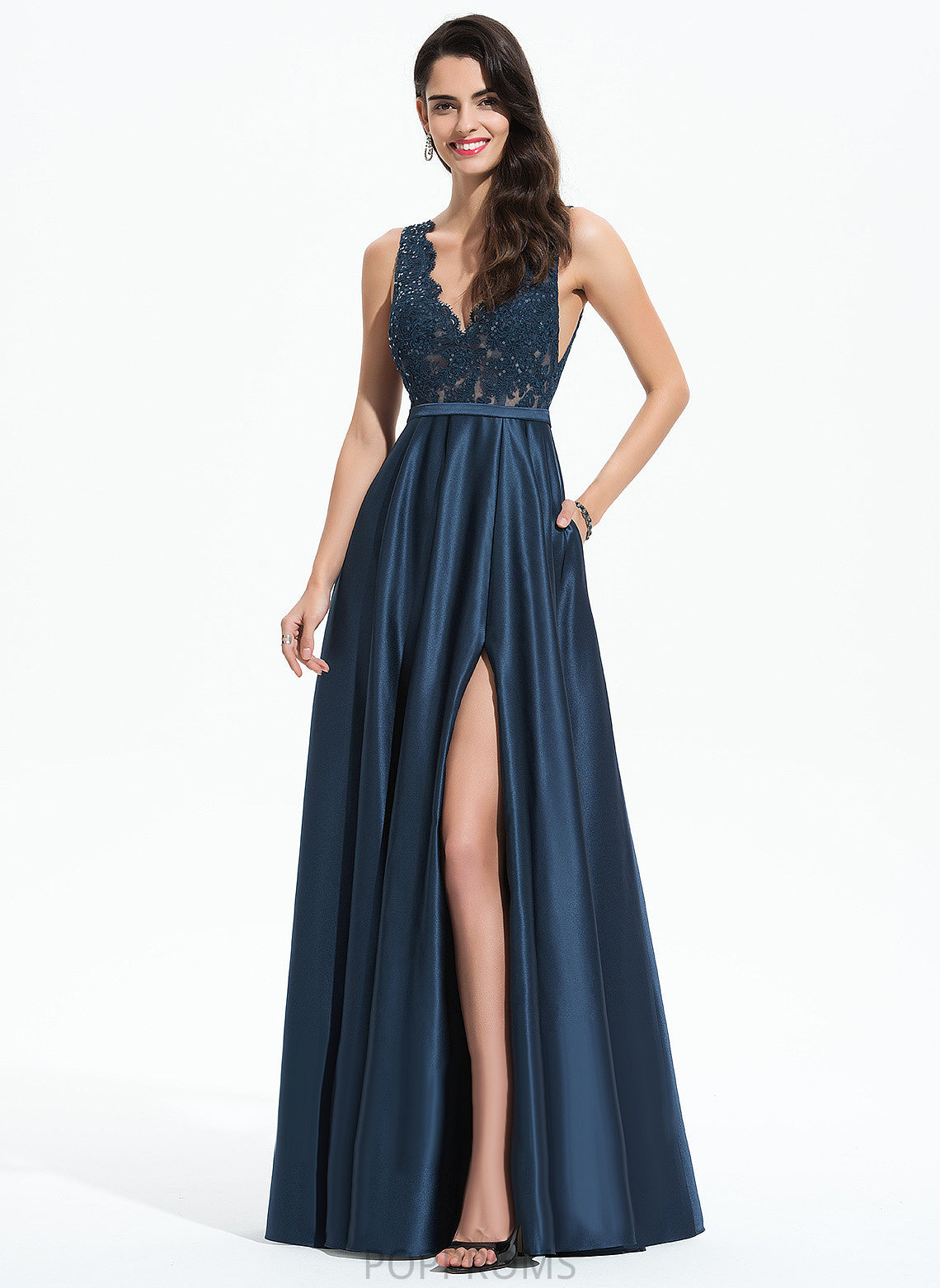 Lace V-neck With Prom Dresses Satin A-Line Rebecca Sequins Floor-Length