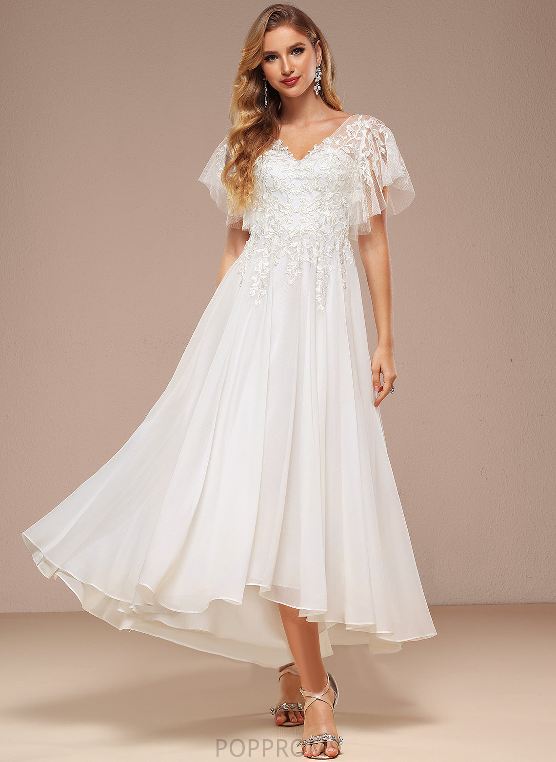 Ruffle Dress V-neck Wedding Asymmetrical With Elva Tulle Lace A-Line Wedding Dresses