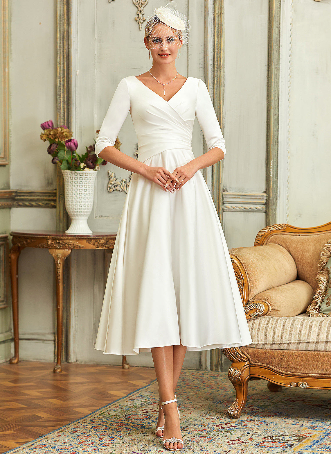 Wedding V-neck Tea-Length A-Line Alia Satin Wedding Dresses Dress