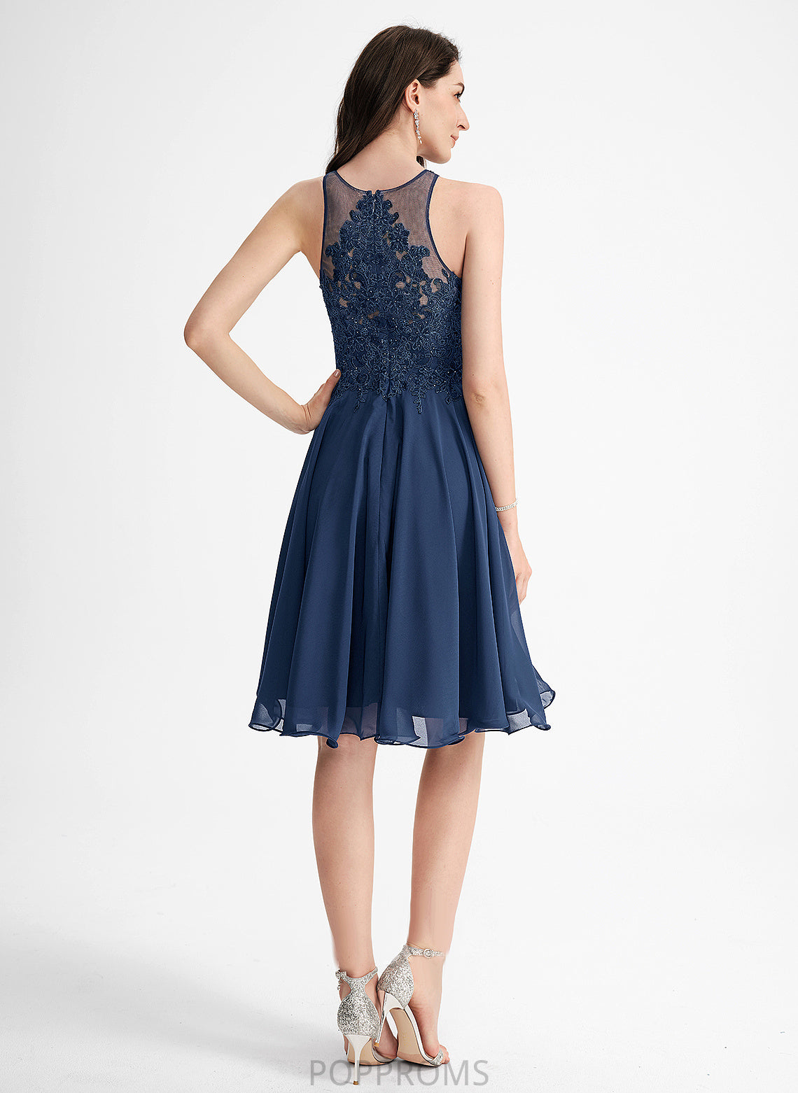 Homecoming Dresses Knee-Length Beading Lana With Lace Neck Dress A-Line Homecoming Chiffon Scoop