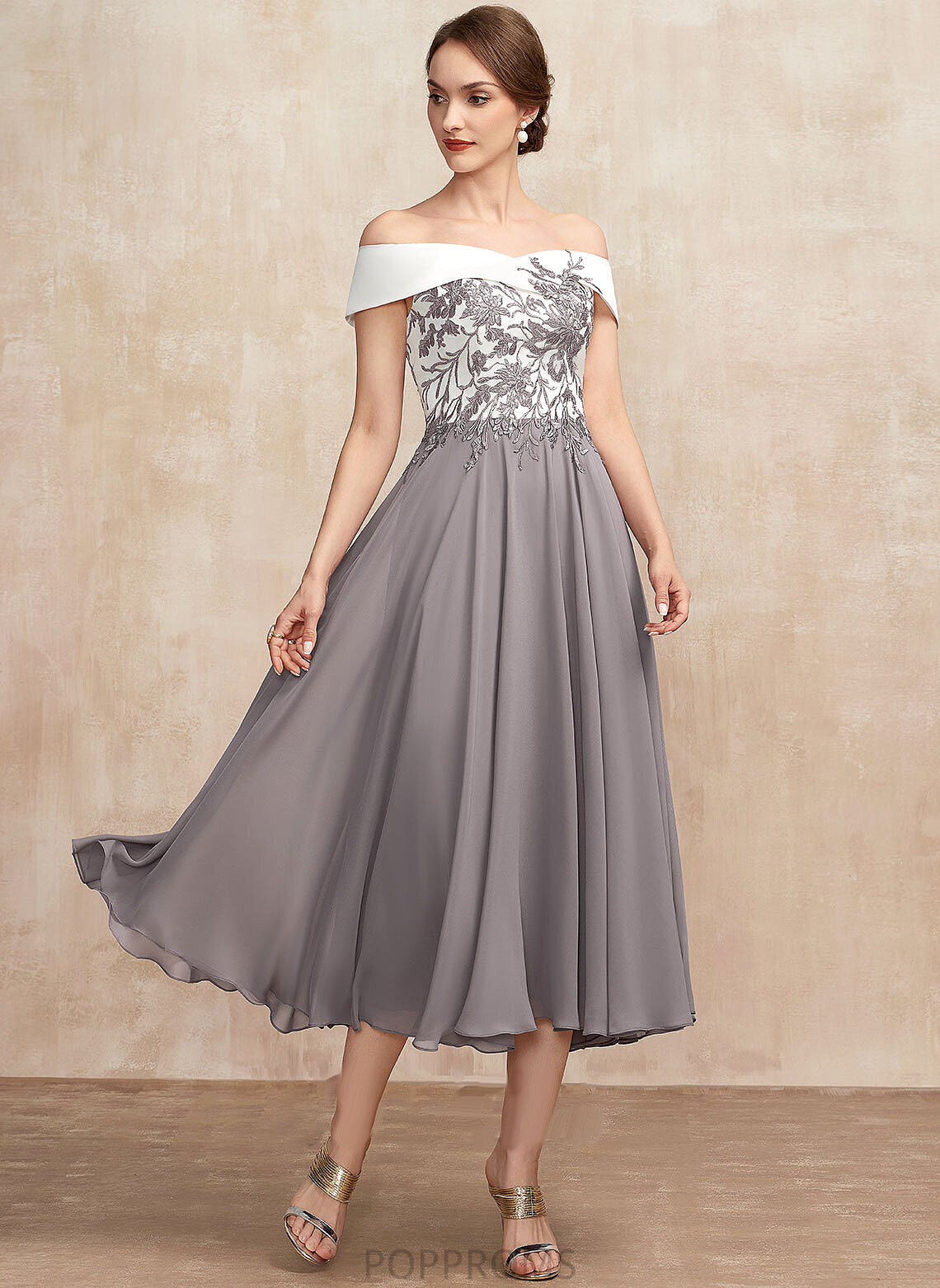 Dress Mother of the Bride Dresses the Mother Chiffon Lace Tea-Length A-Line Bride of Off-the-Shoulder Teresa