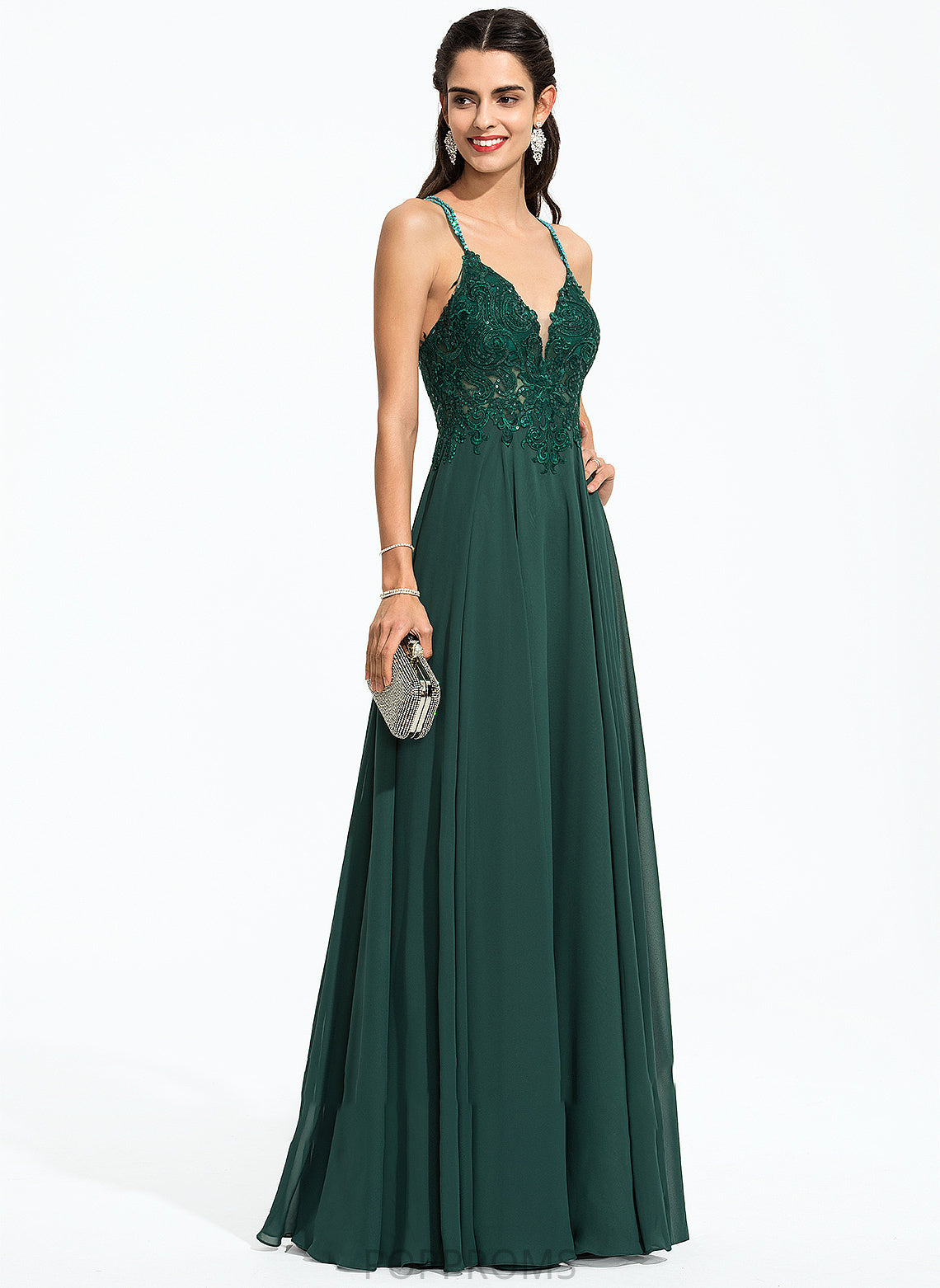 Sequins Beading Isabela V-neck Floor-Length Prom Dresses With A-Line Chiffon