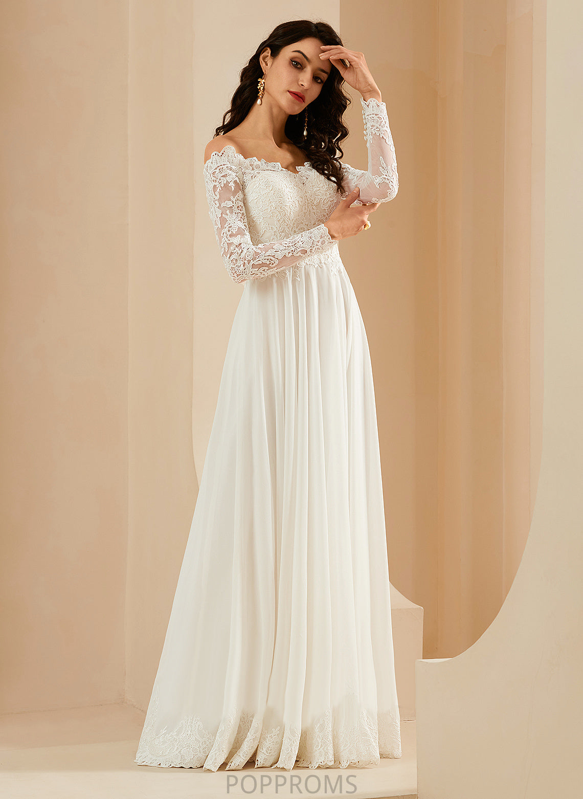 Lace Dress Wedding Dresses With Chiffon Sweep A-Line Train Kaya Wedding Off-the-Shoulder