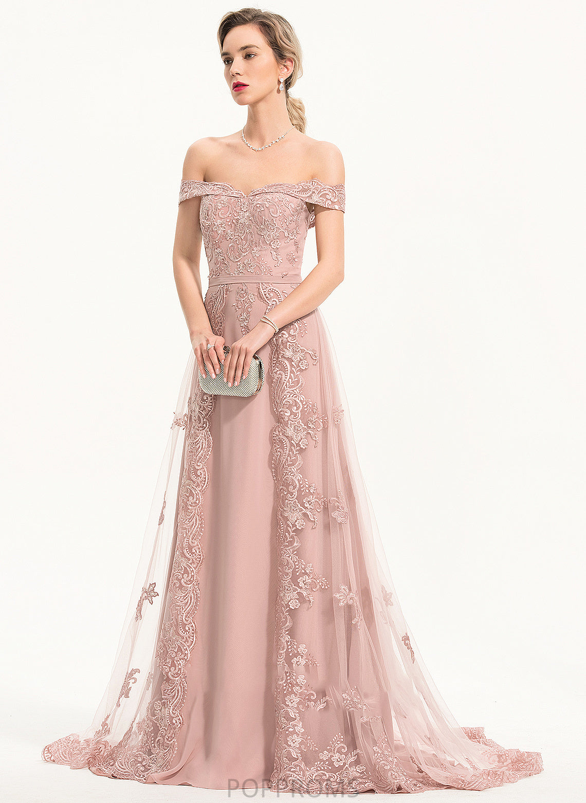 Tulle A-Line Sweep With Prom Dresses Sequins Train Chiffon Marley Off-the-Shoulder