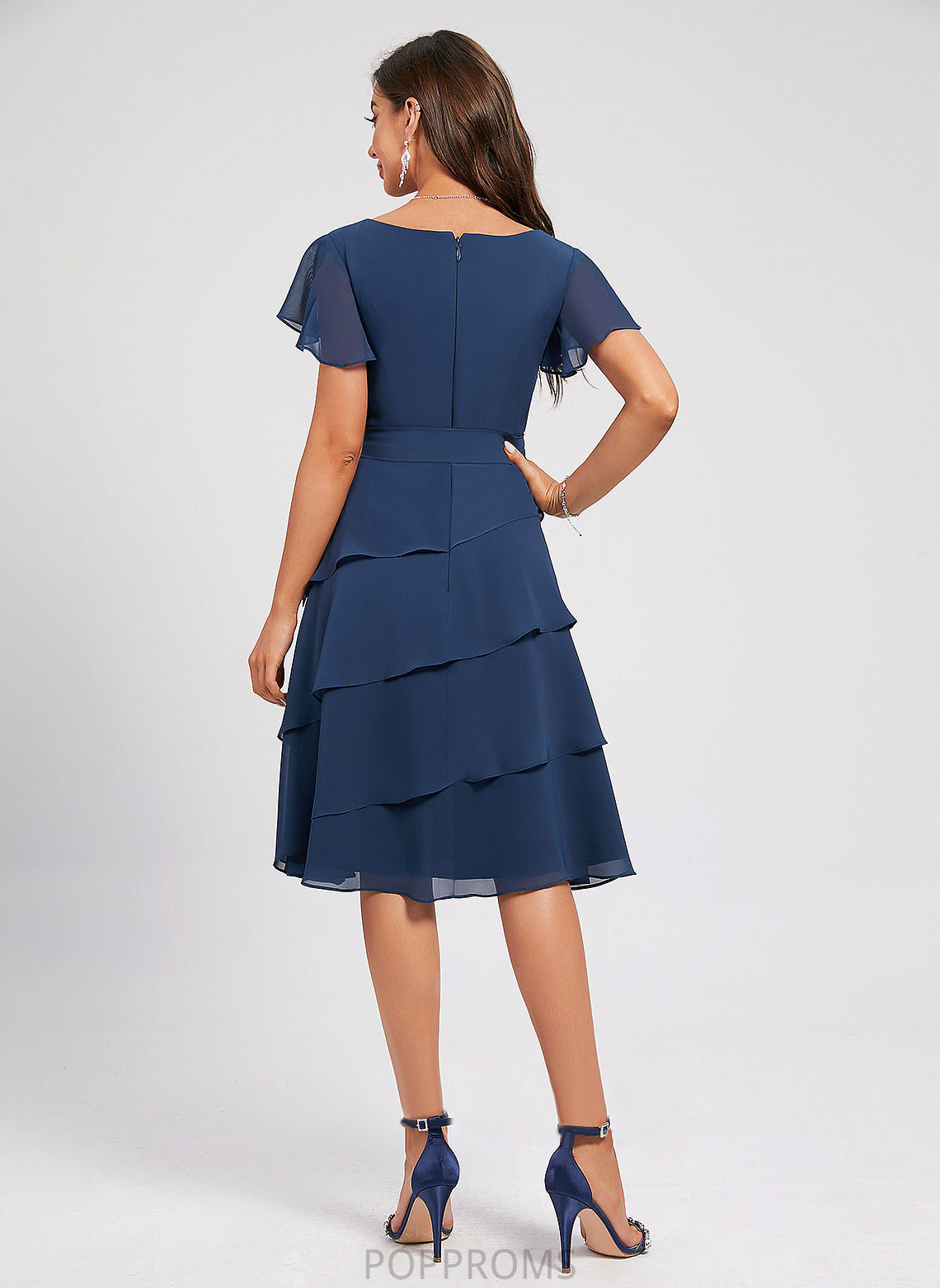 Cocktail Dresses Sash Renata A-Line Chiffon V-neck Knee-Length Dress With Ruffle Cocktail